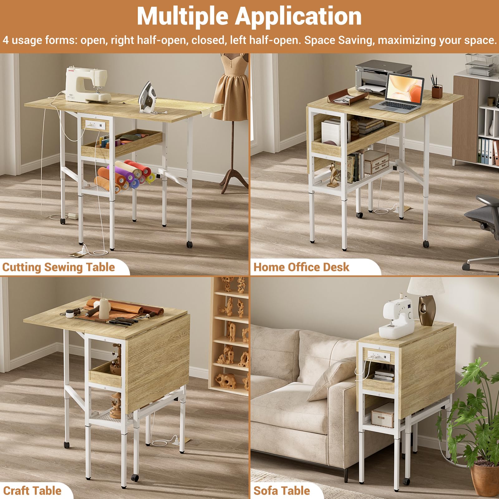 Adjustable Height Folding Sewing Table with USB Charging Station & Storage - 50
