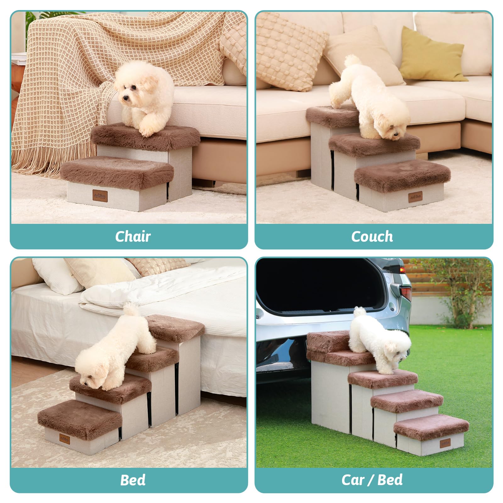 Foldable 3-Tier Dog Stairs for Small & Medium Dogs & Cats - Soft Cover Pet Steps with Storage for Bed, Couch & Sofa Access - 24.8