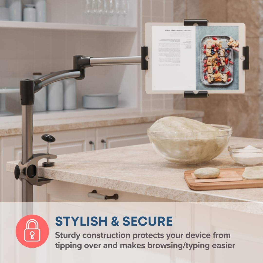 LEVO G2 Adjustable Clamp-On Tablet Holder – Universal iPad Stand for Desk, Coffee Table & End Table – Hands-Free Mount for Kindle, Galaxy, Surface Pro – Perfect for Reading, Cooking & Video Calls