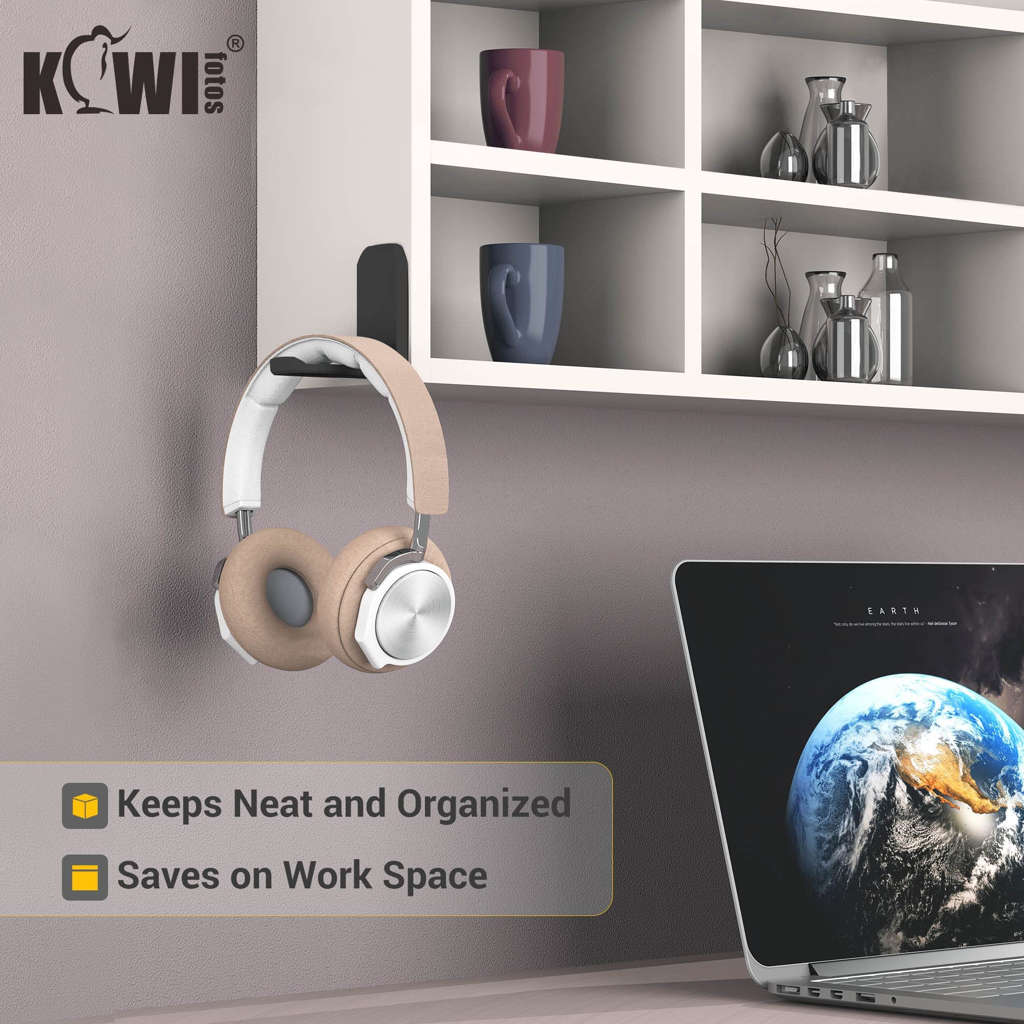 KIWIFOTOS 2 Pack Adhesive Headphone Hanger - Under Desk & Wall Mount Headset Holder for Gaming, Office & Home Use - Foldable Hook Stand for PC, PS5, Xbox Accessories (Black)
