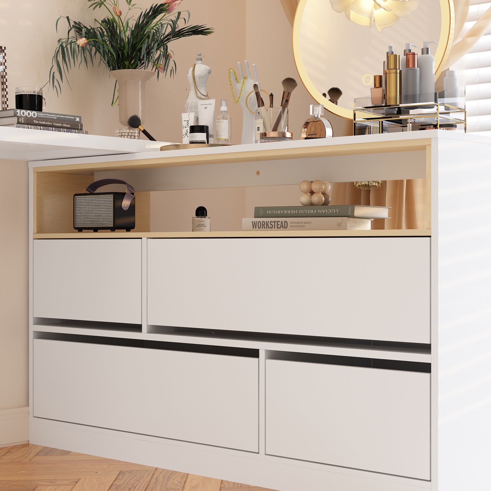 Modern L-Shaped Makeup Vanity Desk with LED Lights & Storage - Perfect for Bedroom, Dressing Room & Beauty Salon (White)