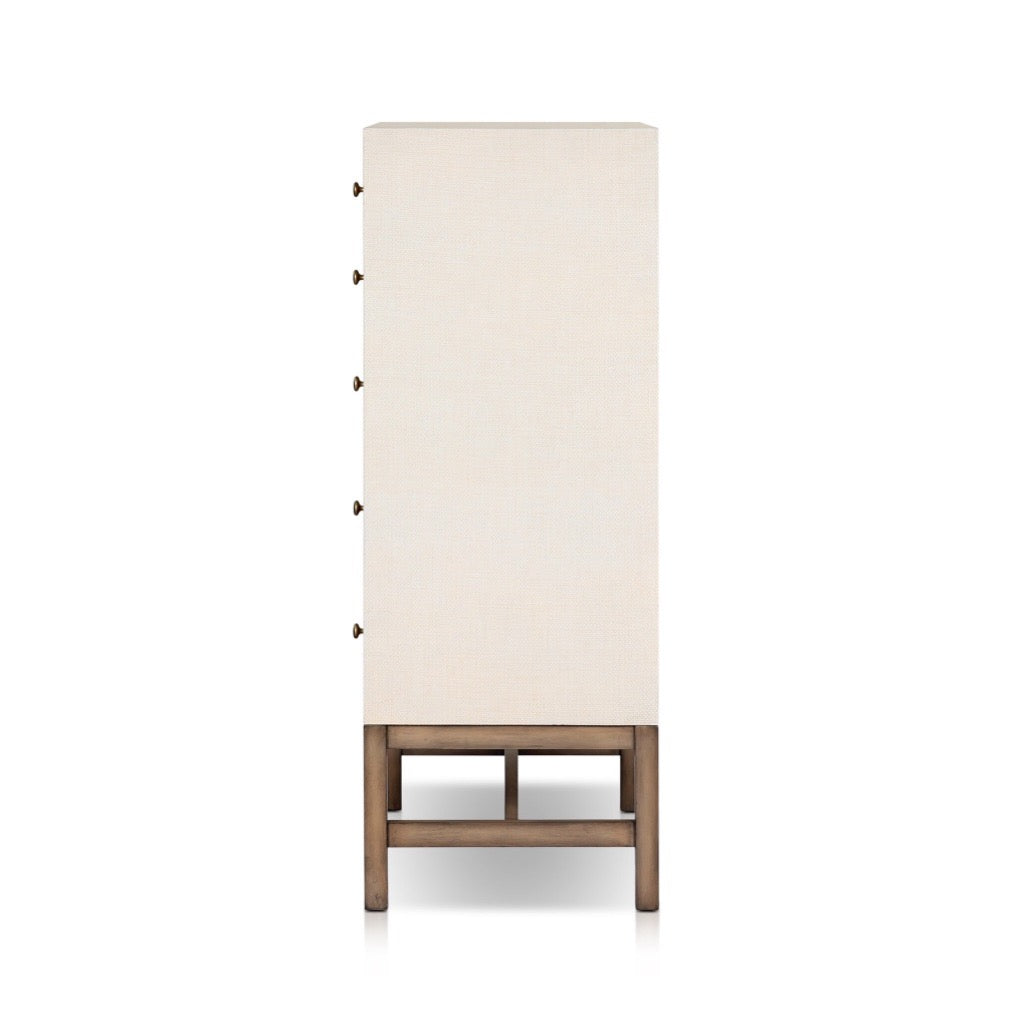 Fiona Tall Dresser with Ivory Painted Raffia Finish - Elegant Storage Solution for Bedroom, Living Room or Nursery Organization