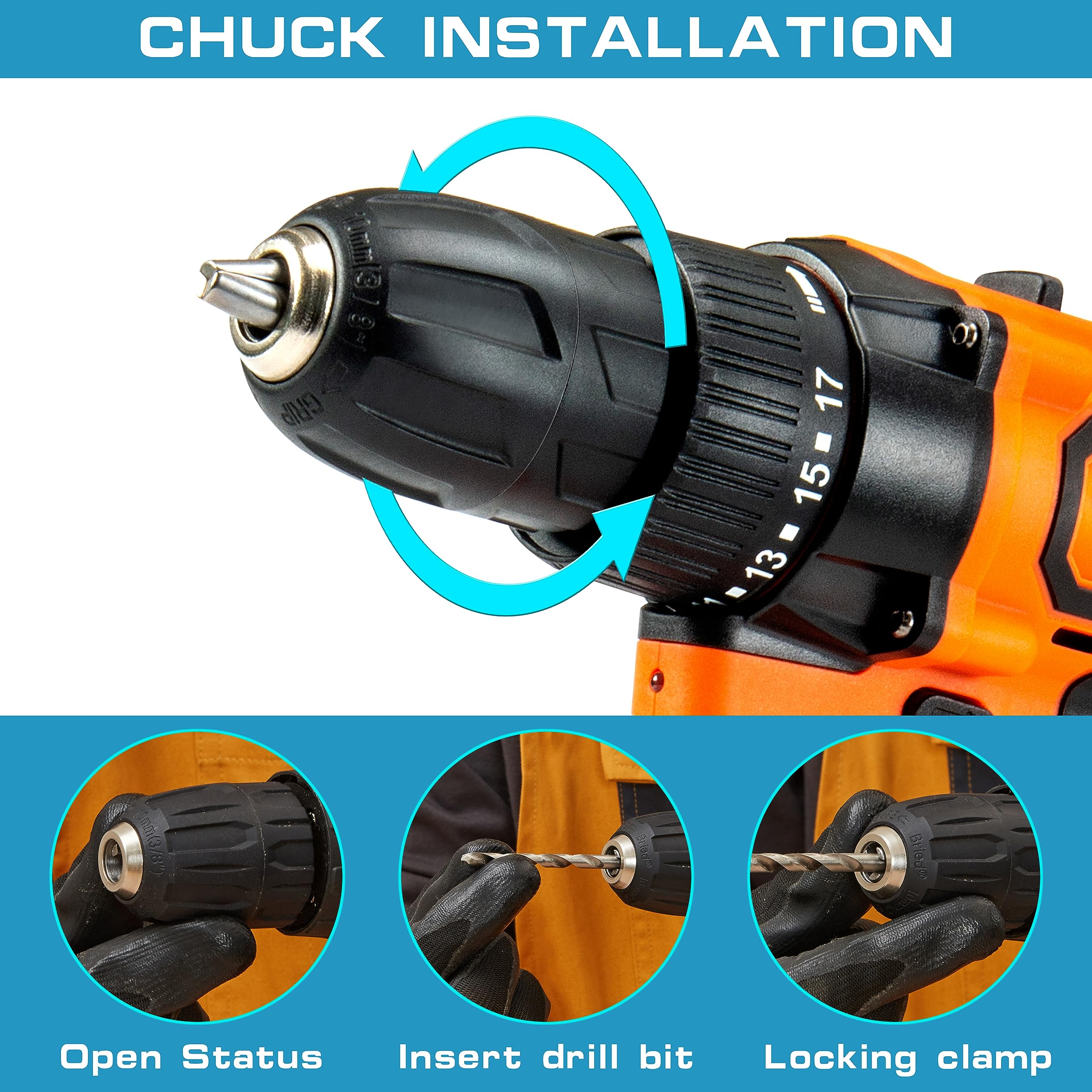 21V Cordless Drill with 2 Variable Speeds & 3/8