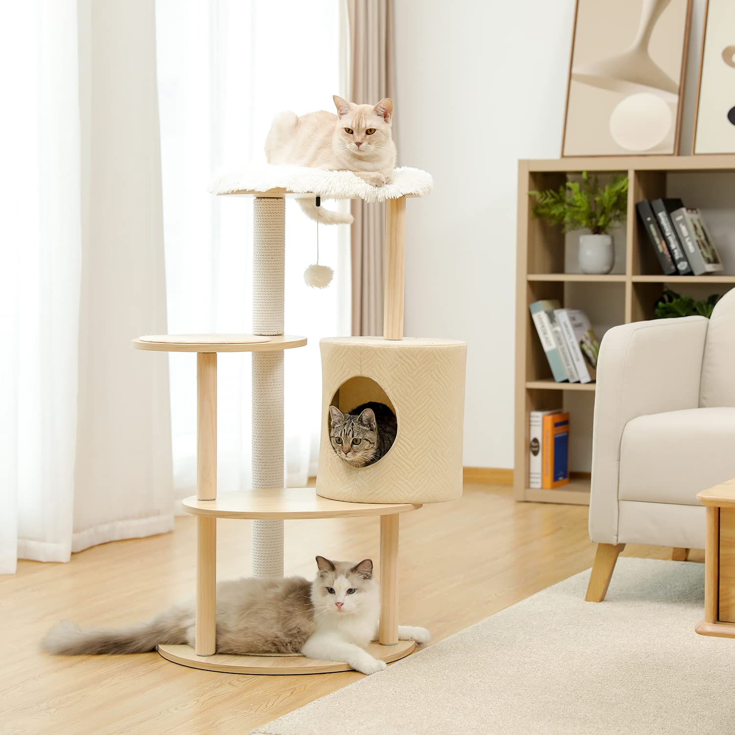 Premium Modern Wood Cat Tree Tower with Sisal Scratching Post, Cozy Condo & Washable Mats - Multi-Level Playhouse for Indoor Cats - Perfect for Small Spaces, Apartments & Kitty Playtime