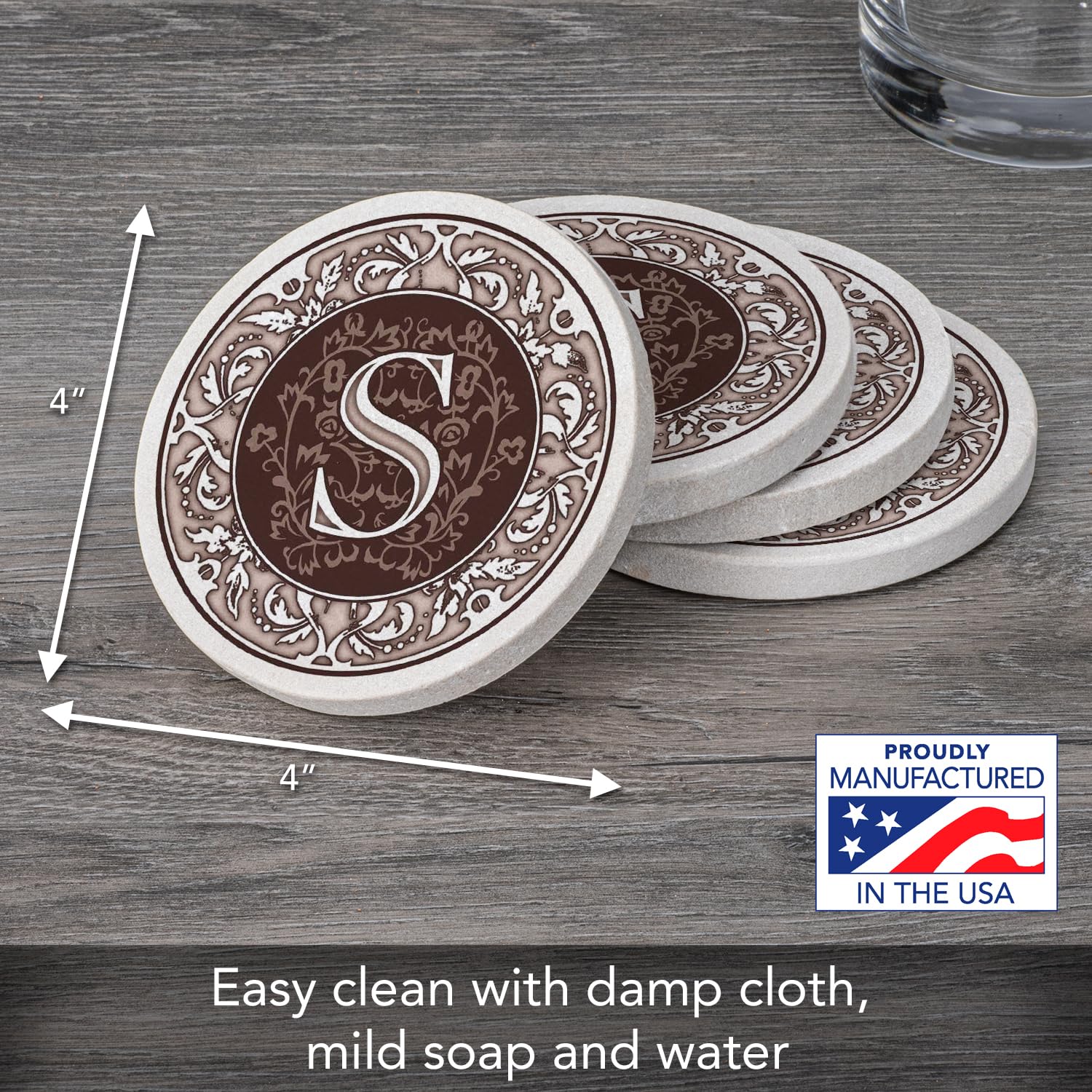 Thirstystone Monogram Letter S Absorbent Sandstone Coaster Set of 4 | Made in USA | Decorative & Highly Absorbent Drink Coasters | Easy to Clean | Perfect for Home Bar, Office Desk & Coffee Table Decor