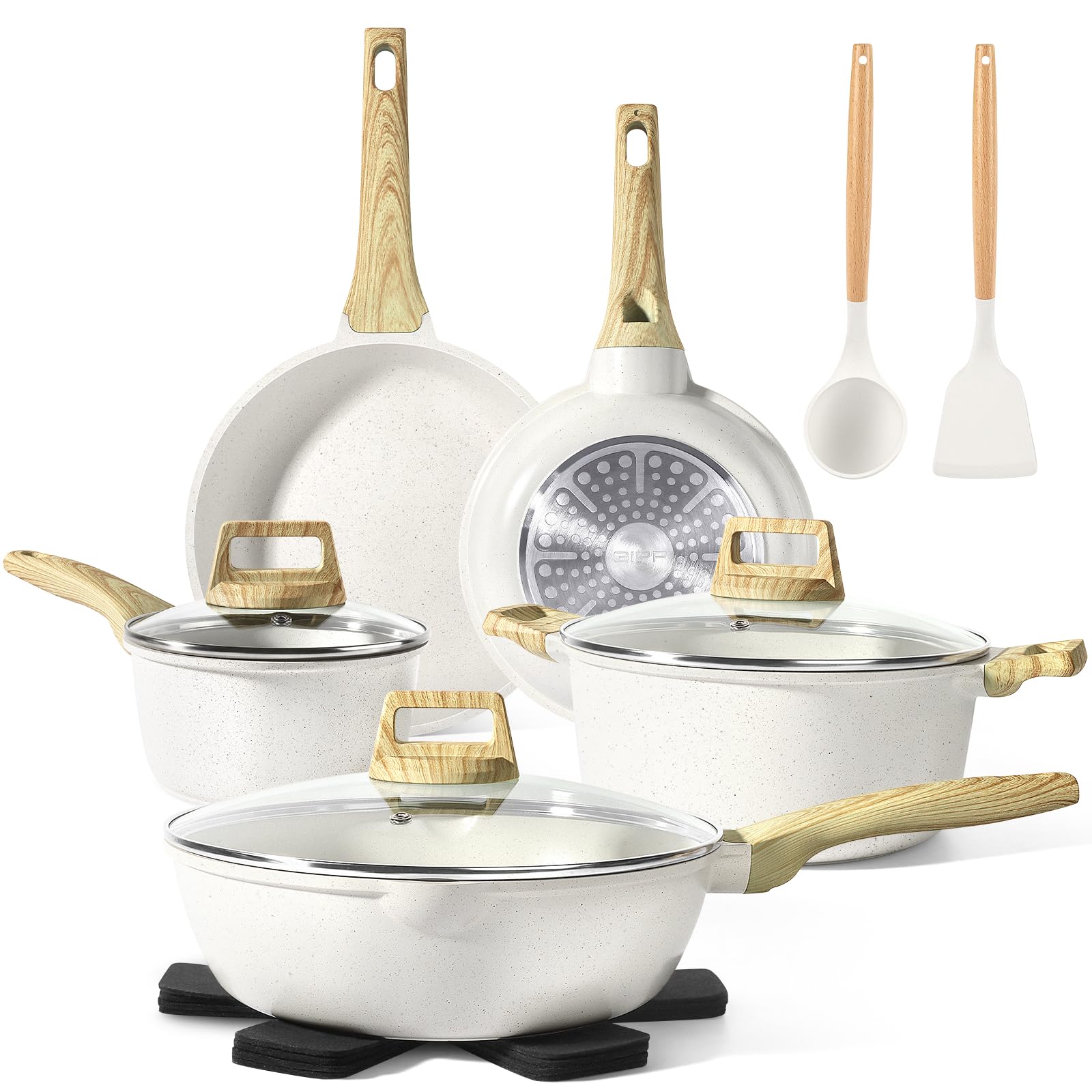 Non Stick Cookware Set - 14 Piece White Granite Pots and Pans Set with Frying Pans, Saucepans & Silicone Utensils | PFOS & PFOA Free | Induction Compatible | Perfect for Home Cooking, Meal Prep & Family Dinners