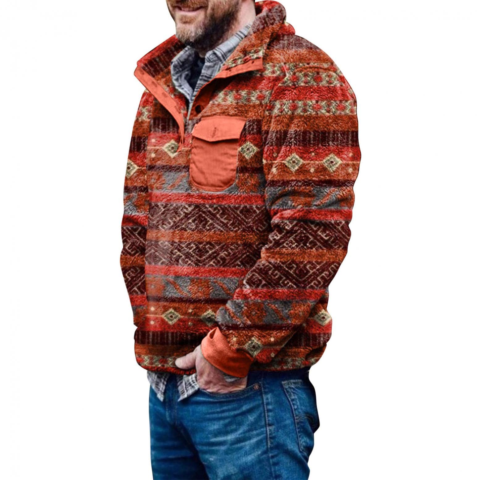 Men's Striped Fuzzy Pullover Sweater - Winter Turtleneck Sweatshirt with Chest Pocket & 1/4 Button - Cozy Furry Sweater for Casual Wear & Outdoor Activities