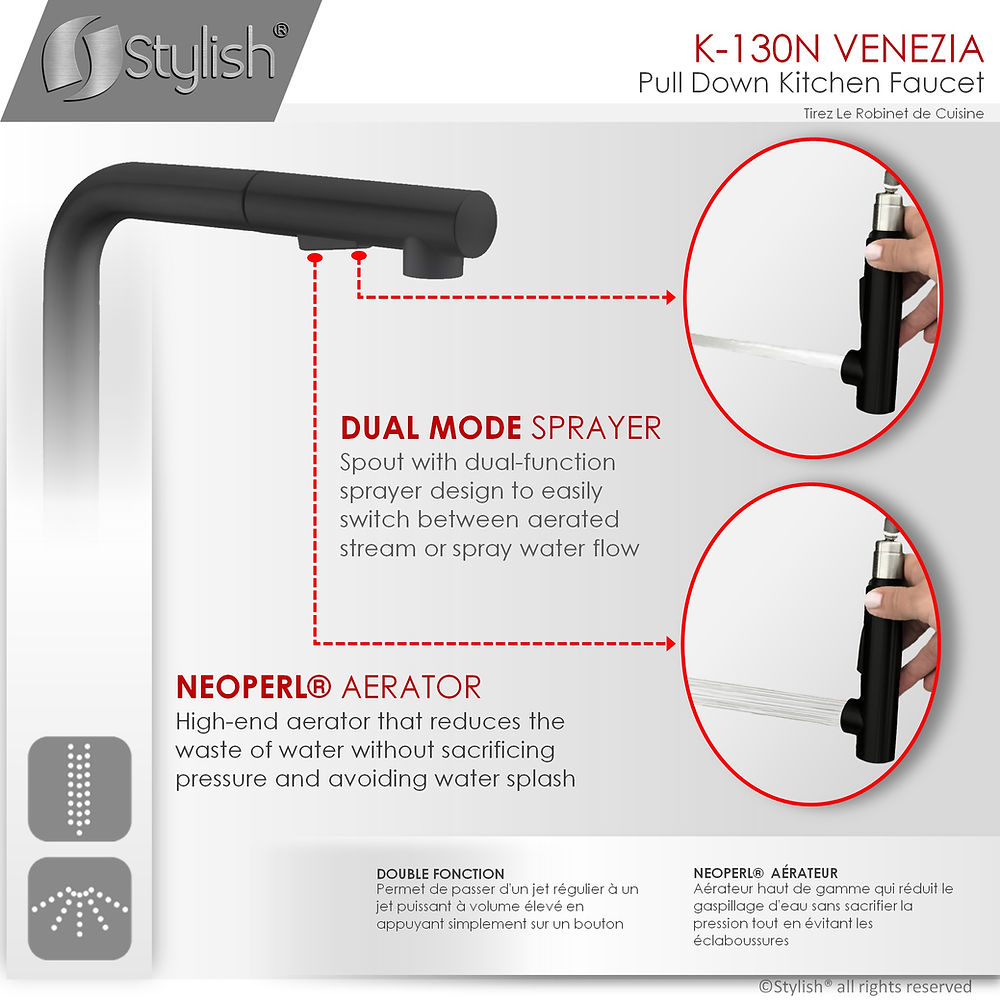 Premium Matte Black VENEZIA 1.5 GPM Pull Down Kitchen Faucet with Sprayer - Modern Water Tap for Sink - Perfect for Cooking, Washing Dishes & Filling Pots (Model K130NK147N)