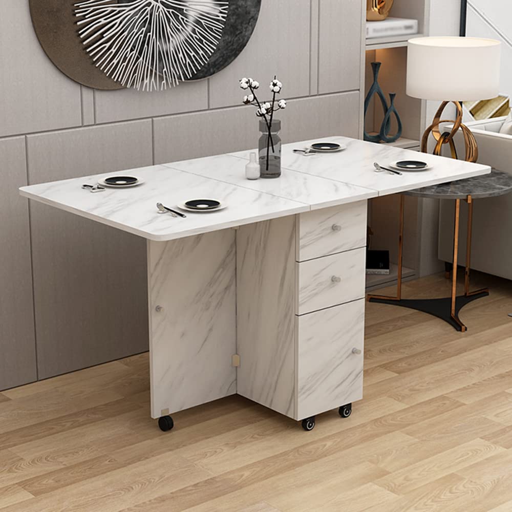 LITFAD Modern Wood Pedestal Dining Table with Drop Leaf - Foldable Kitchen Table, Gloss White Finish, 59.1