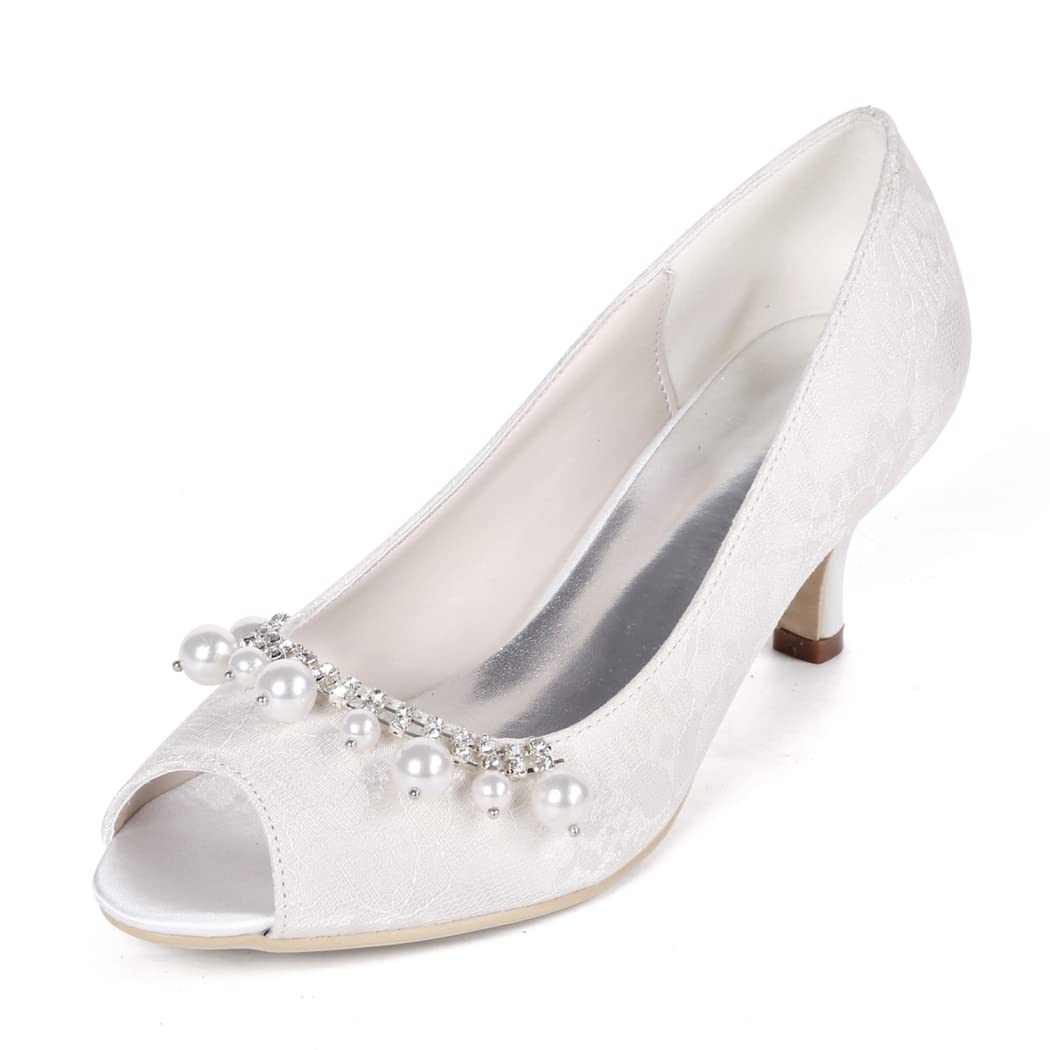 Ivory White Lace Satin Peep Toe High Heel Wedding Shoes for Bride - Elegant Bridal Party Dress Pumps for Ceremony, Reception & Formal Events