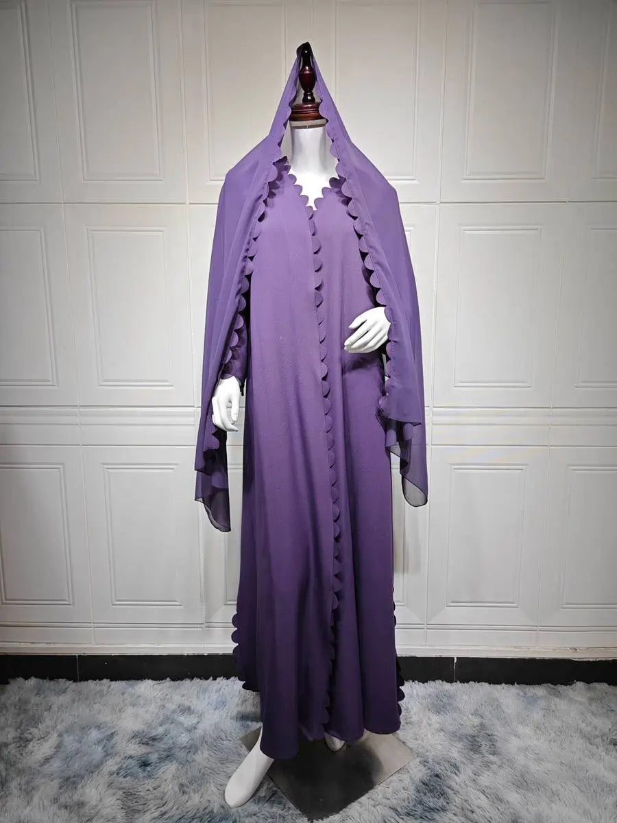 Elegant Open Front Cardigan Abaya Dress with Matching Hijab - Modest Muslim Women's Clothing for Prayer, Mosque & Special Occasions
