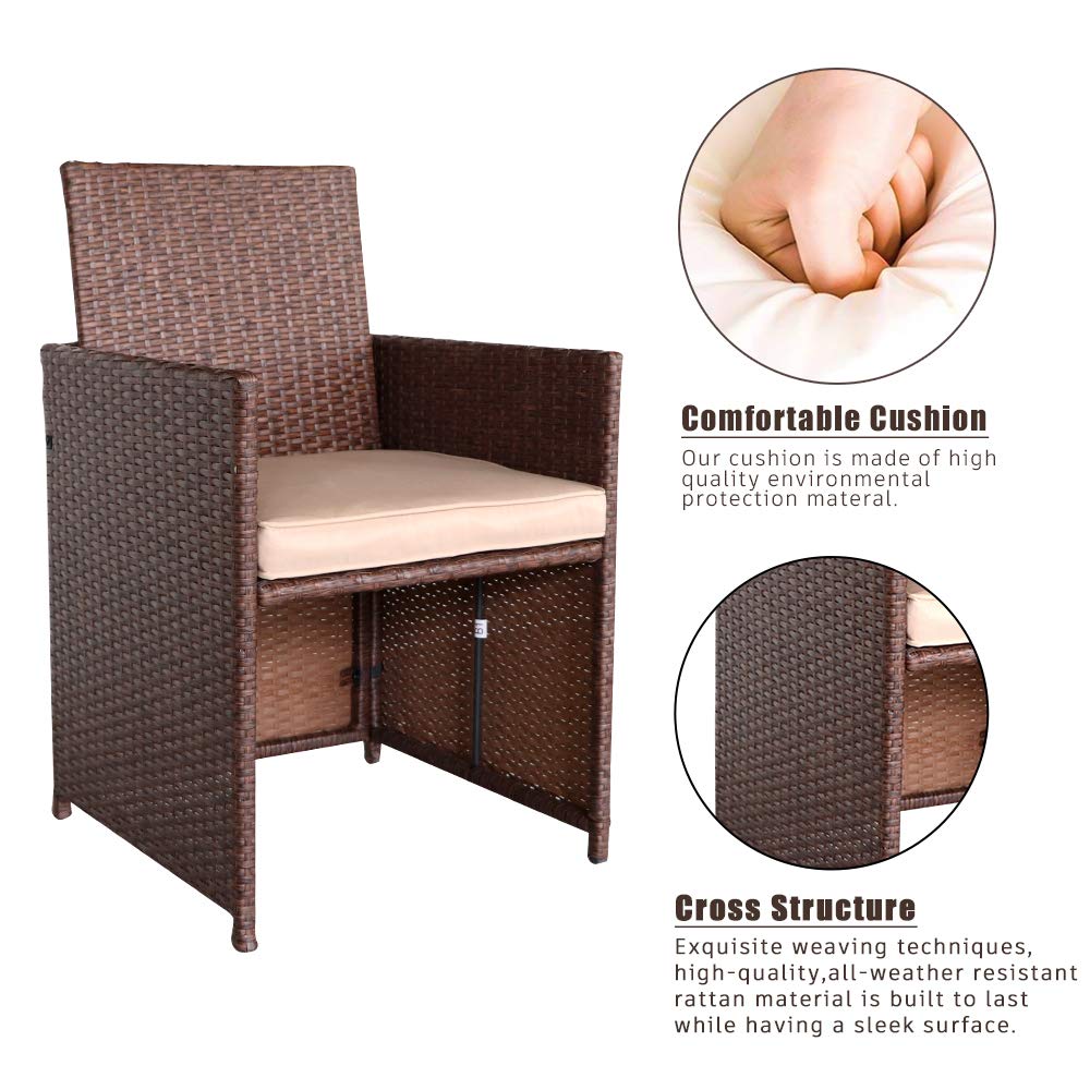 9-Piece Wood Grain Wicker Rattan Dining Ottoman Set with Glass Table - Durable Patio Furniture for Outdoor Entertaining, Garden Parties & Backyard Relaxation