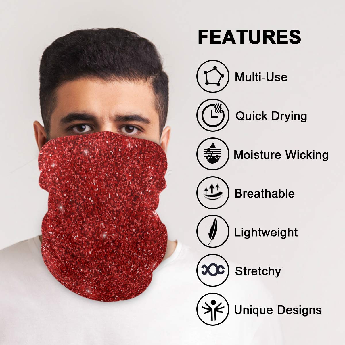 Red Glitter Bandana Face Mask & Neck Gaiter - Breathable UV Protection for Women & Men - Perfect for Sports, Hiking, Cycling & Outdoor Activities