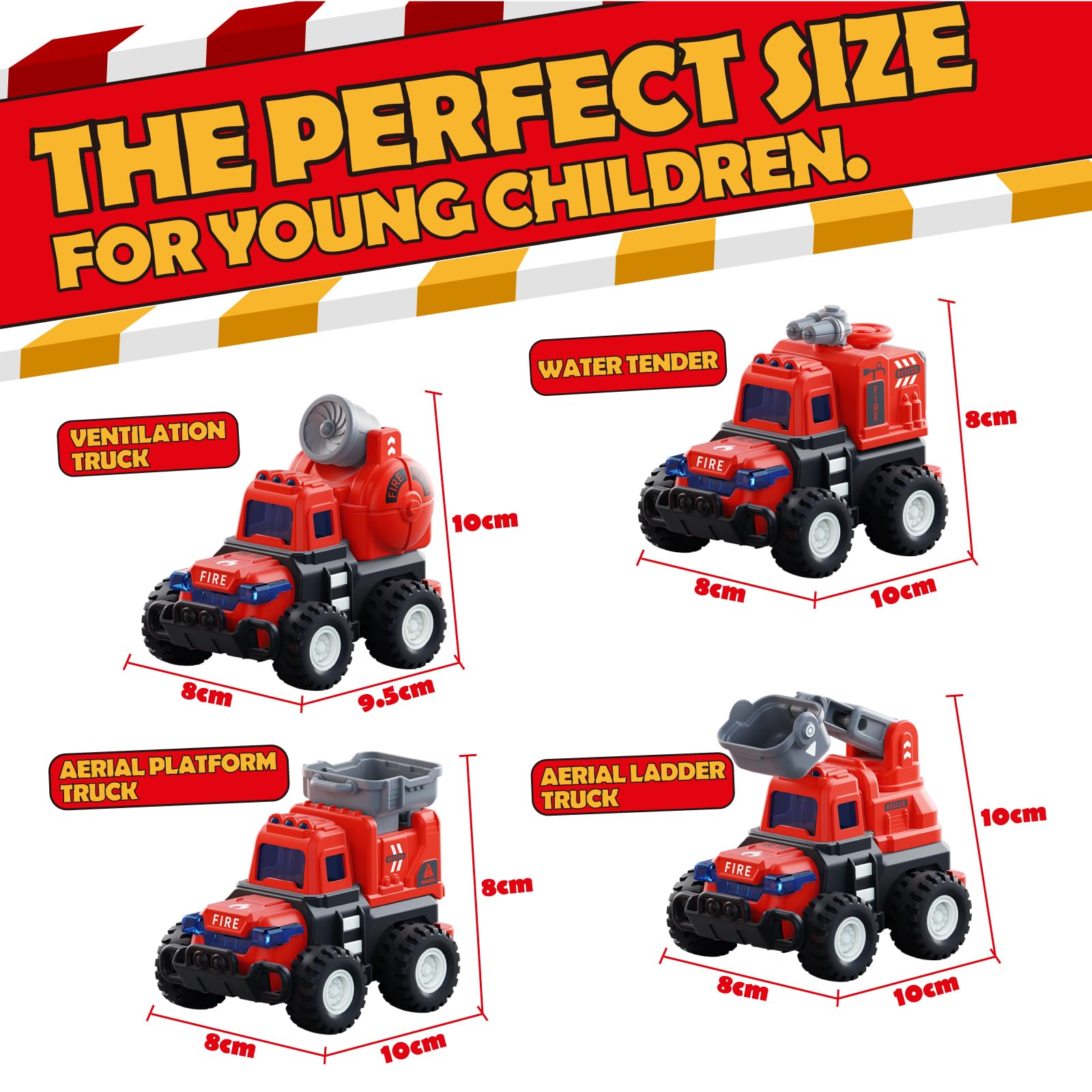 **4-Pack Fire Truck Toy Cars for Toddlers Ages 1-3 | Press N Go & Pull Back Emergency Vehicles for Boys & Girls | Sandbox, Construction Play & Birthday Gifts for 1-3 Year Olds**