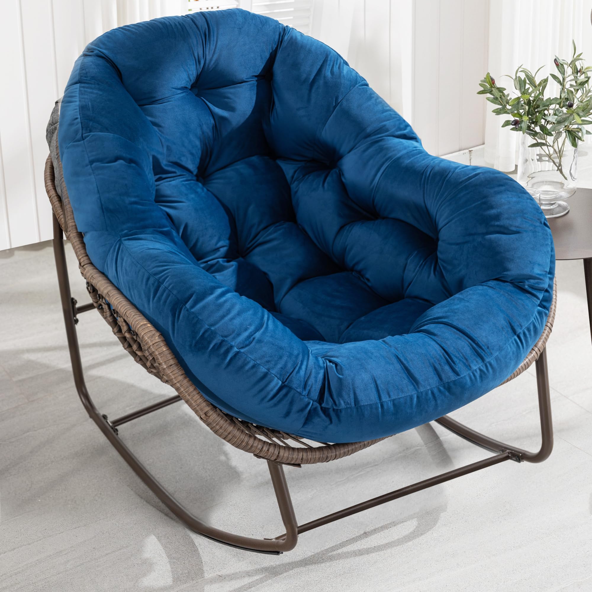Outdoor Papasan Rocking Chair - Oversized Comfortable Patio Swing Chair with Cushion, Indoor/Outdoor Egg-Shaped Rattan Rocker for Porch, Lawn, Bedroom & Living Room (Blue Velvet) - Perfect for Relaxing, Reading & Sunbathing