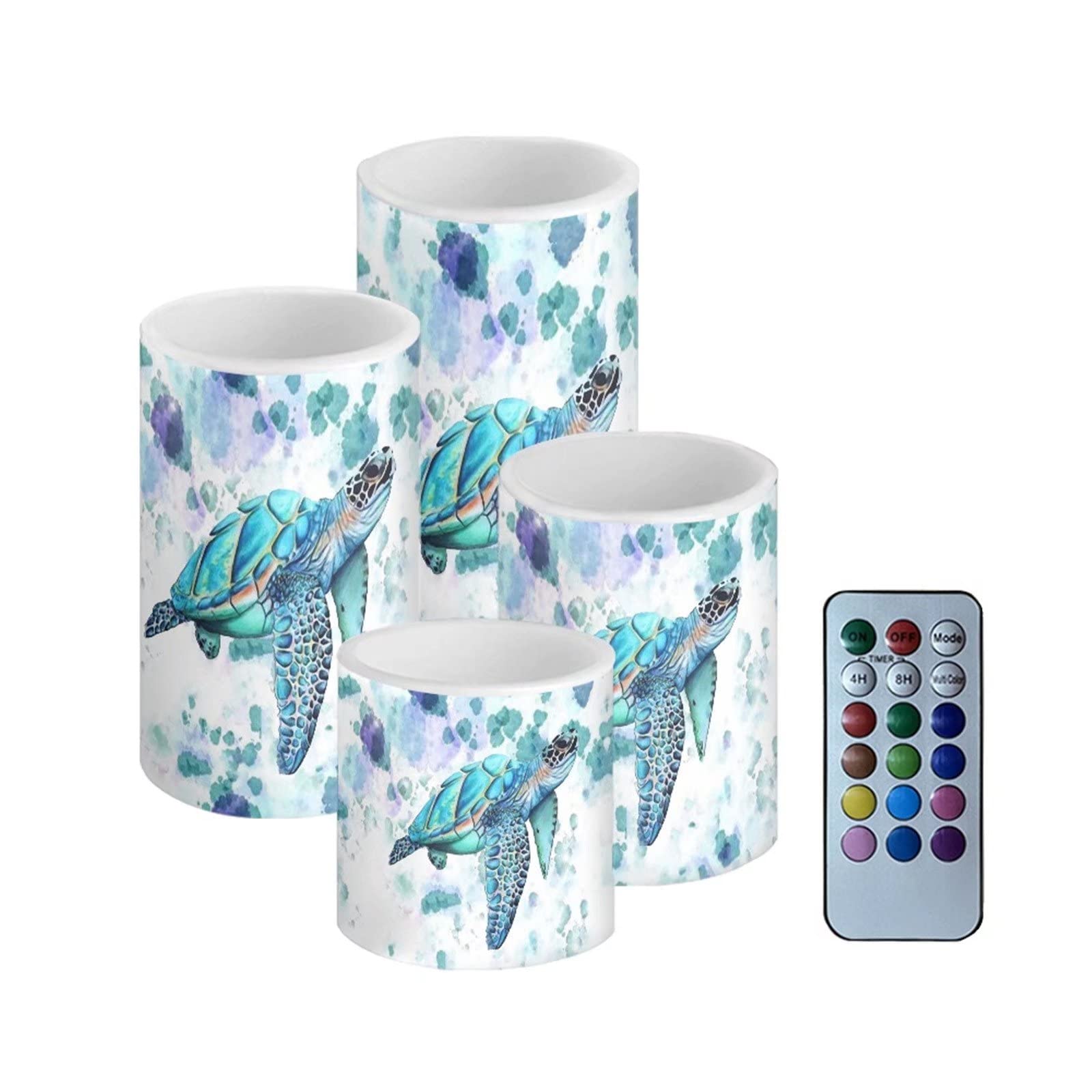 Showudesigns Aqua Sea Turtle Flameless LED Candles - Waterproof Battery Operated Wax Pillar Ivory Tea Lights for Home Decor, Table Centerpiece, Fireplace, Parties (Set of 4) - Perfect for Romantic Dinners, Spa Relaxation & Coastal-Themed Weddings