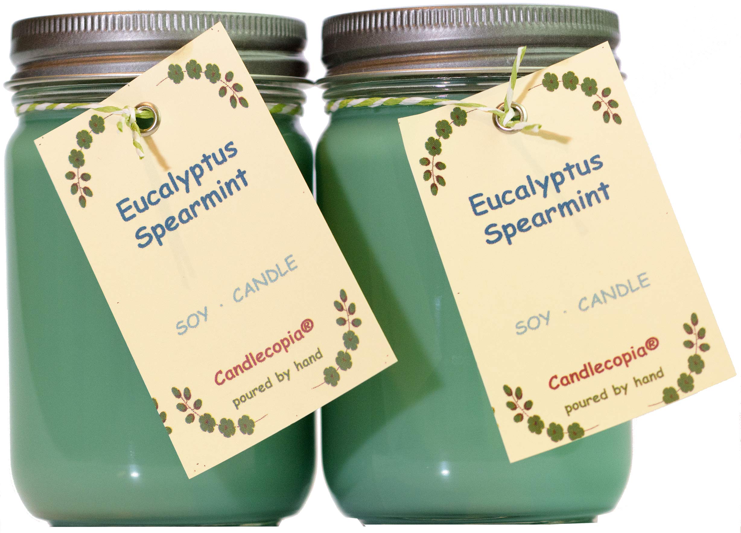 Eucalyptus Spearmint Strongly Scented Soy Candles - 12oz Hand Poured Premium Candles in Pewter Lid Canning Jars (2-Pack) | Aromatherapy, Relaxation & Home Decor Gift