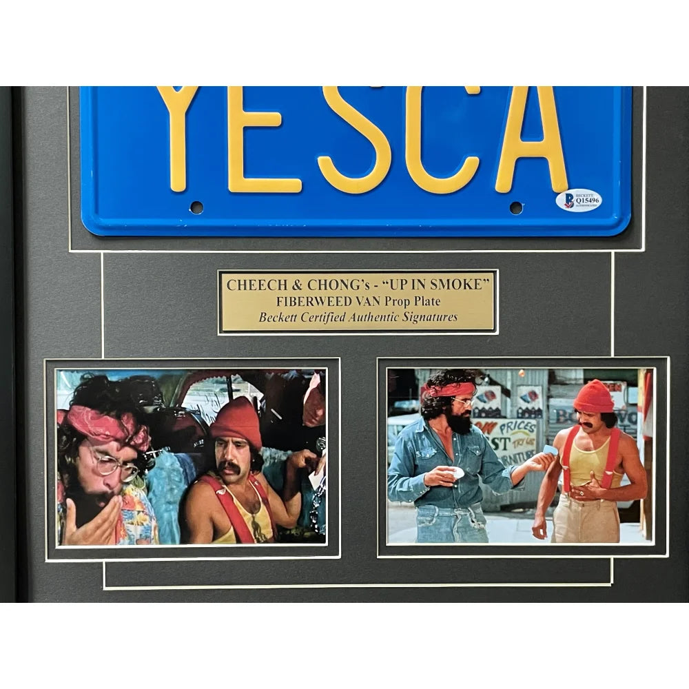 Cheech & Chong Signed 'Up in Smoke' Movie Car License Plate Framed Collage - Authentic Memorabilia for BAS Auto & Cannabis Enthusiasts - Perfect for Man Cave, Home Theater Decor & Collector Displays