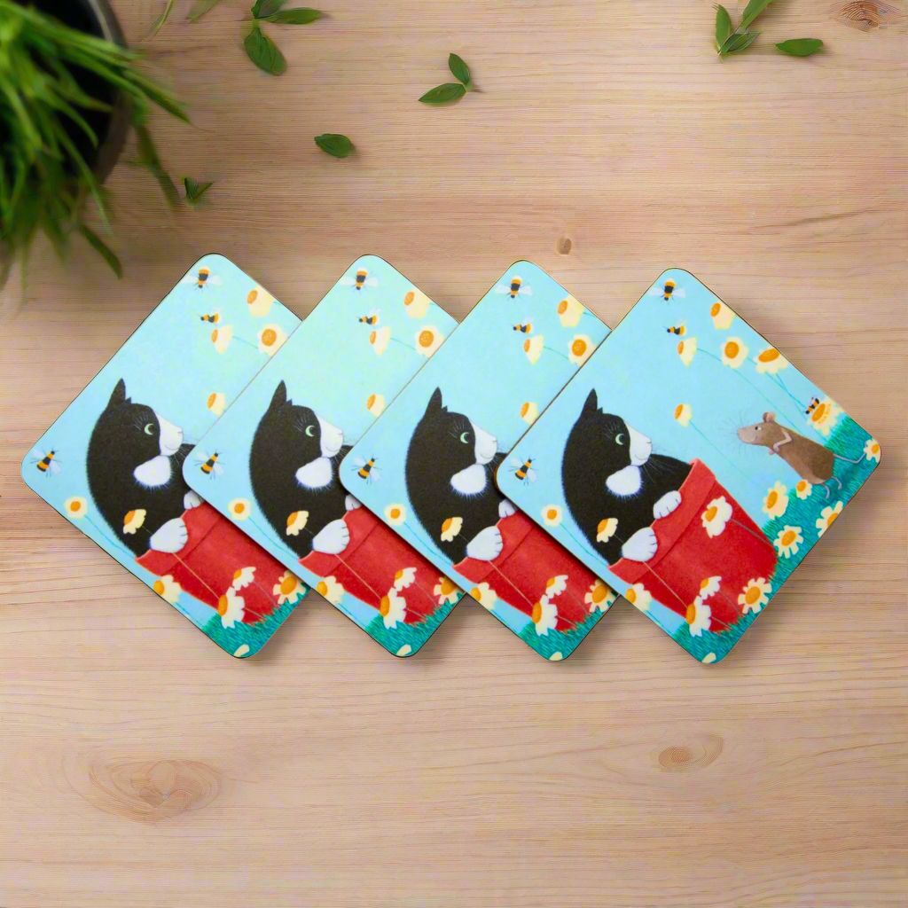 Adorable Cat & Mouse Chalkboard and Coaster Set - Cute Feline & Floral Design - Perfect Gift for Cat Lovers - Ideal for Home Decor, Kitchen Use, and Party Favors