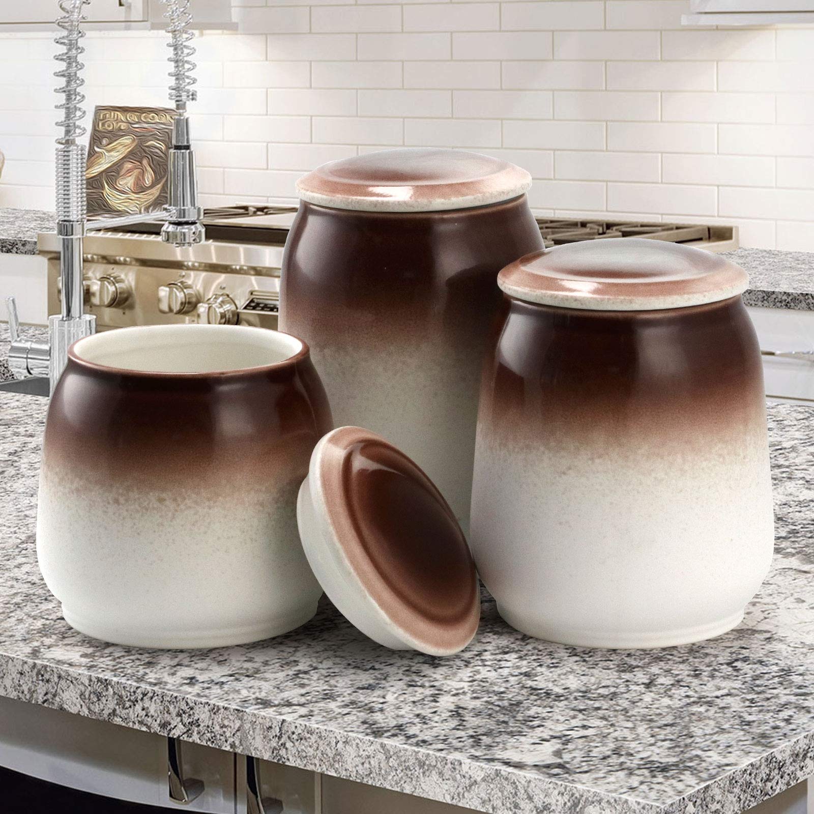 Elama Kitchen Food Storage Canister Set - 3-Piece Airtight Containers for Flour, Sugar, Coffee (Coconut & Cream) | Pantry Organization & Countertop Decor