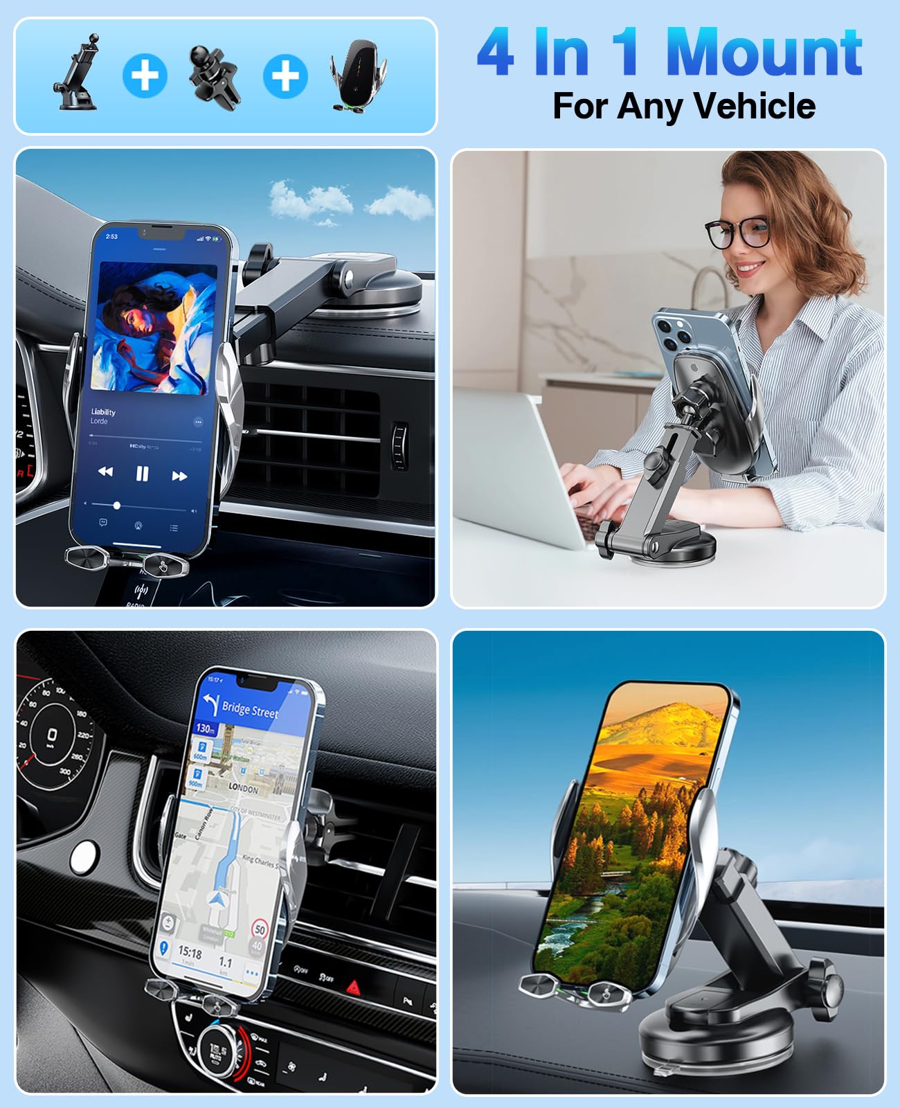 15W Fast Wireless Car Charger Mount - Auto-Clamping Phone Holder for iPhone 14/13/12/11 Pro Max/XS & Samsung Galaxy S21/S20/S10+/S9+/Note 9 | Hands-Free Charging While Driving | Perfect for Commuting, Road Trips & GPS Navigation
