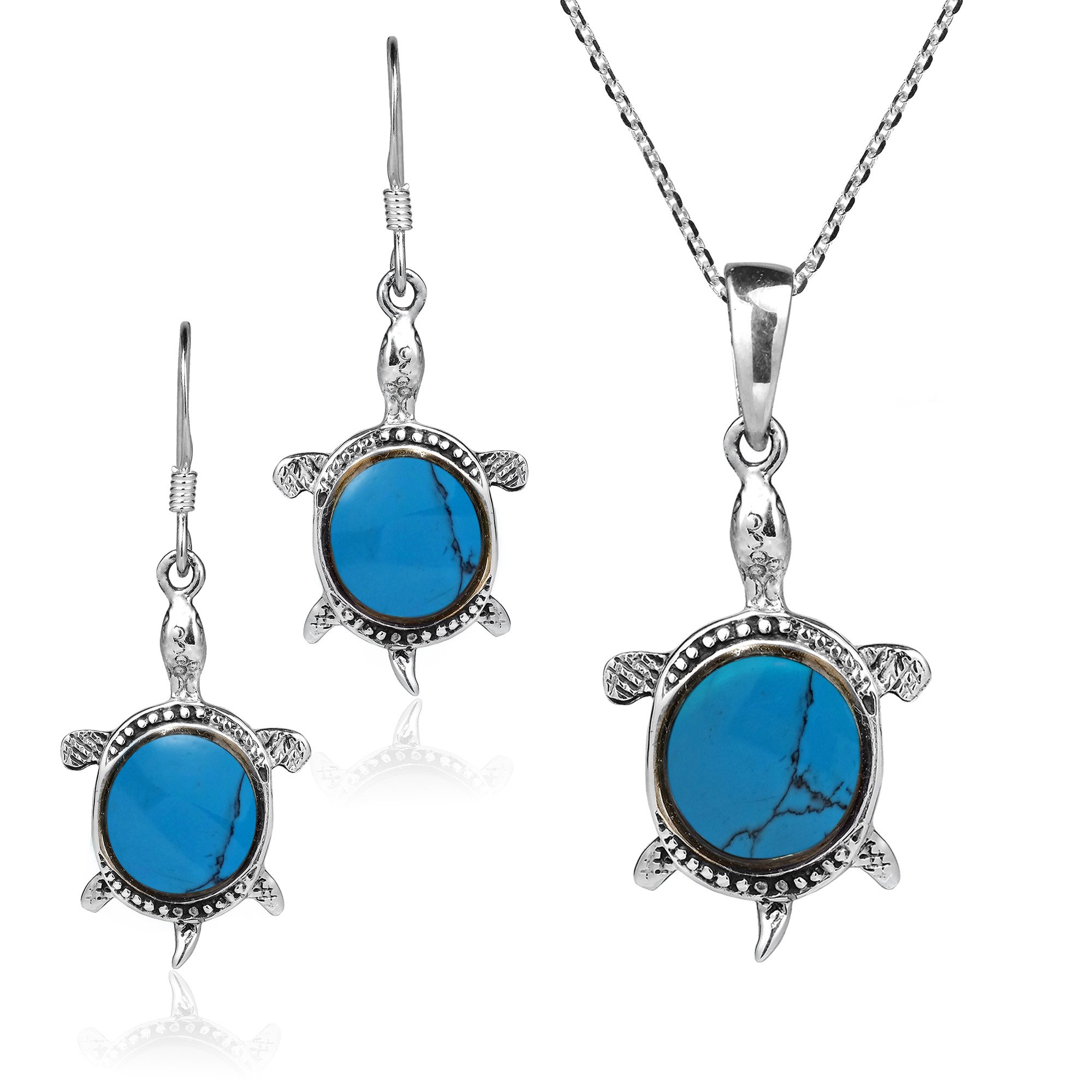 AeraVida Happy Turtles Simulated Turquoise .925 Sterling Silver Jewelry Set | Sea Turtle Necklace & Earrings Gift for Women | Ocean-Themed Jewelry for Beach Lovers | Perfect Birthday Gift for Daughter, Wife or Mom | Ideal for Beach Vacations, Summer Outfits and Boho Style