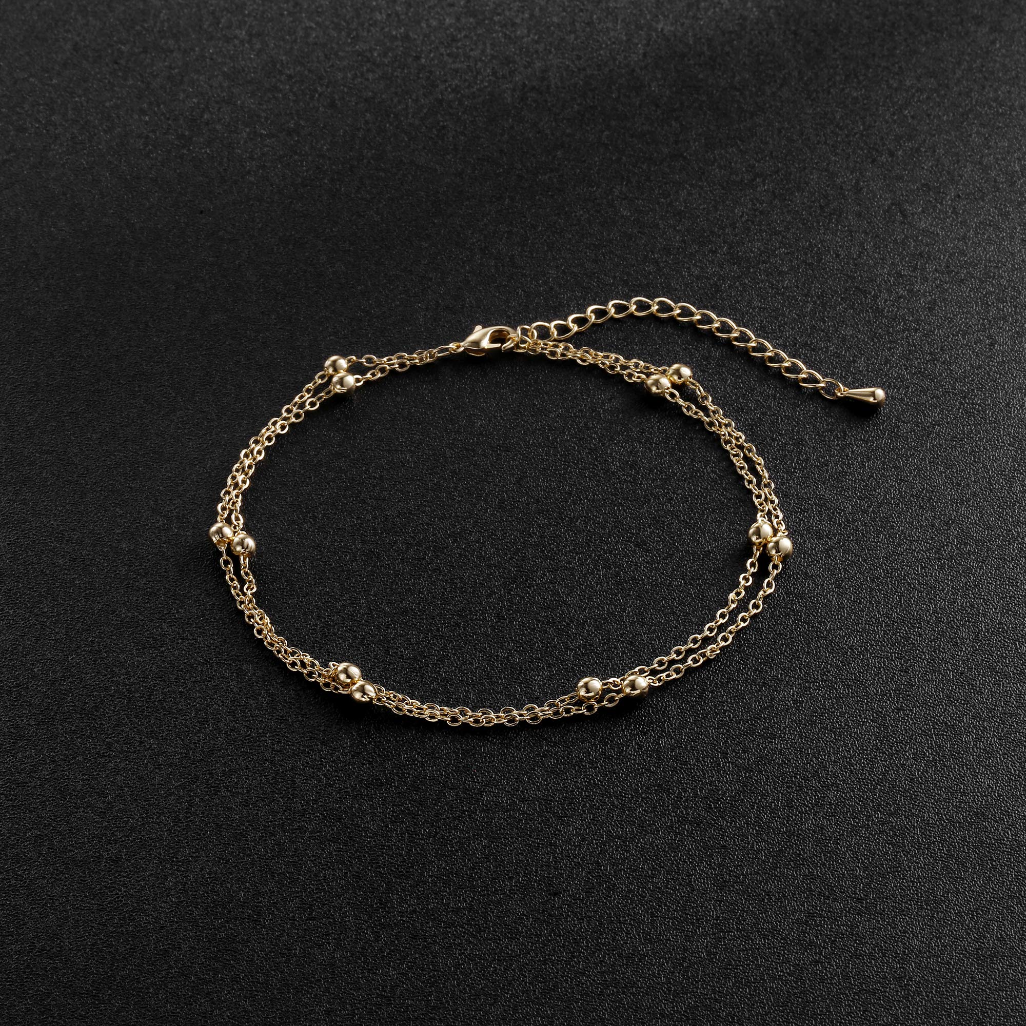 14K Gold Plated Delicate Layered Beaded Anklet Bracelet for Women - Dainty Satellite Beads Summer Beach Foot Jewelry - Perfect for Everyday Wear, Vacation Accessories & Gift Giving