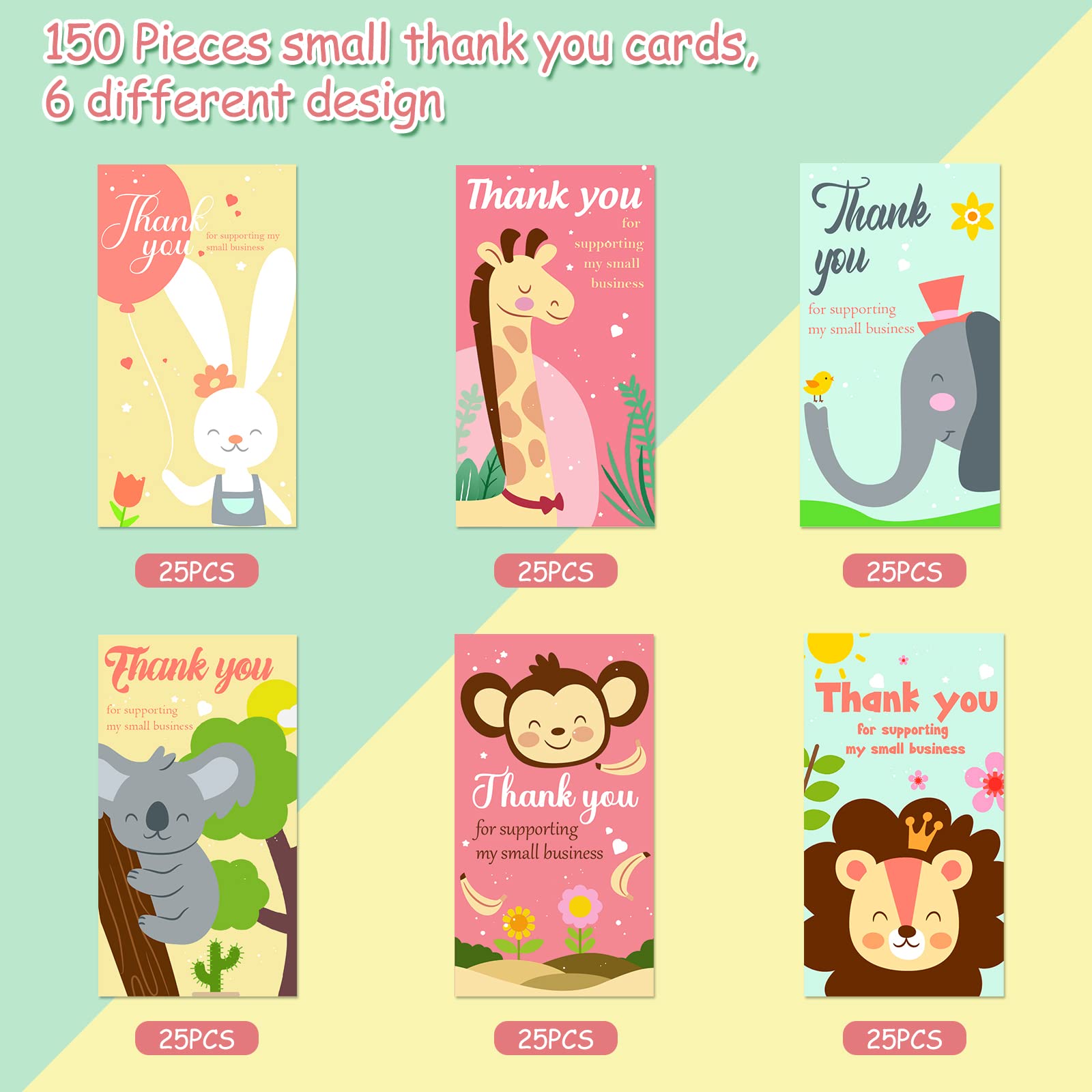 150Pcs Small Business Thank You Cards - 6 Cute Animal Designs, 2x3.5 Inch Mini Appreciation Cards for Retailers & Shop Owners - Perfect for Customer Gifts, Etsy Sellers & Small Business Marketing