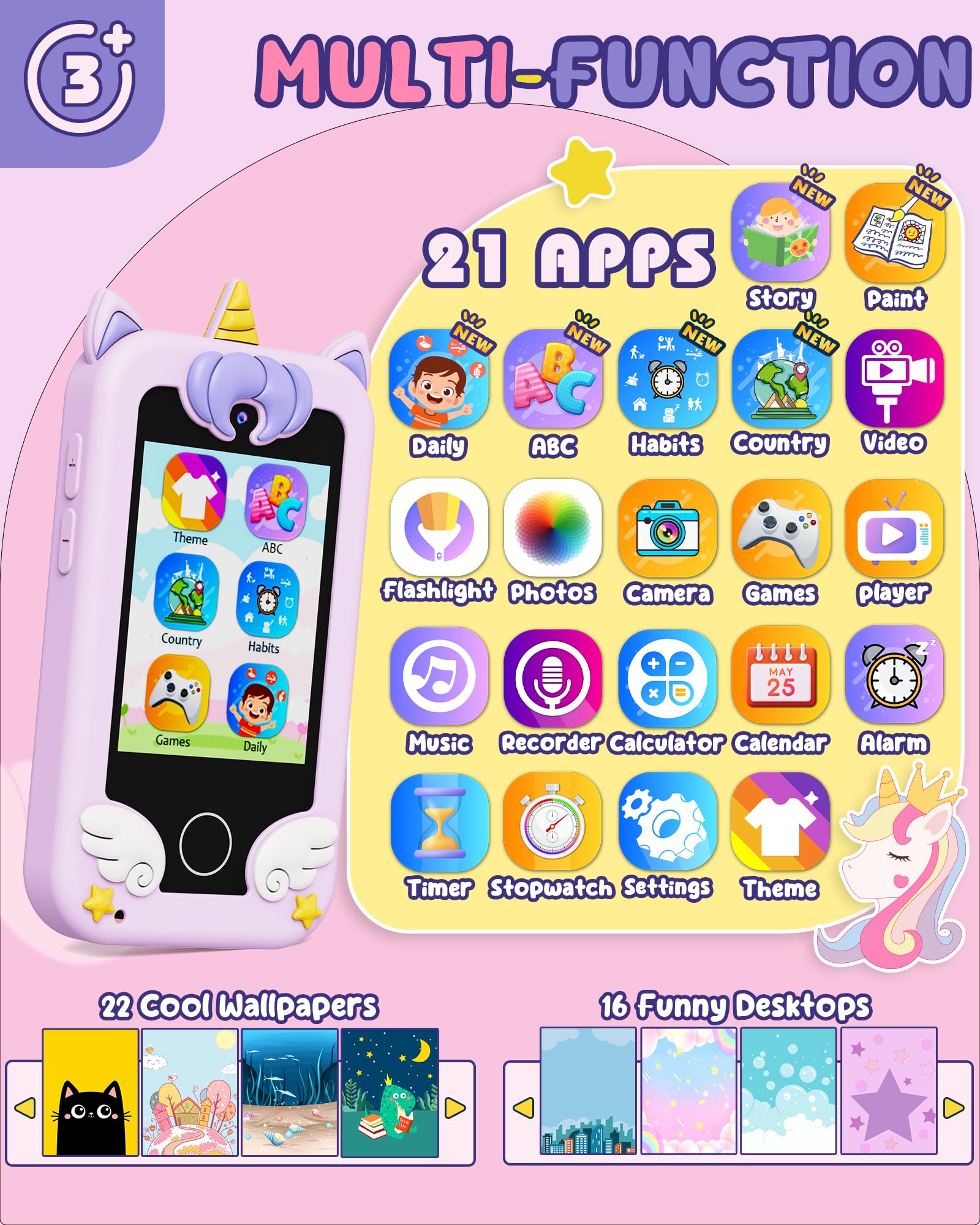 UCIDCI Kids Smart Phone Toy for Girls & Boys Ages 3-7 - Educational Learning Games, Dual Camera, MP3 Music Player - Perfect Christmas & Birthday Gift for Toddlers - Great for Travel, Home Play & Early Learning Development