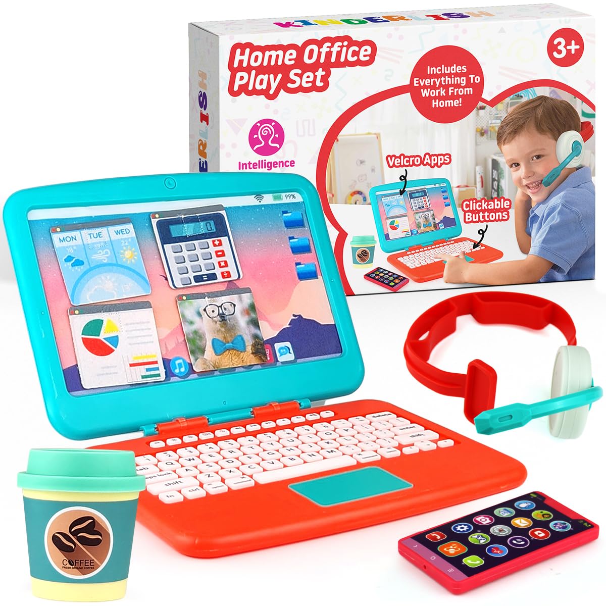 Kids Pretend Play Workstation Set - Toy Office Play Set with Fake Laptop, Toy Phone, Coffee Cup & Headset for Toddlers Ages 3+ | Perfect for Imaginative Play, Role Playing & Early Learning Development