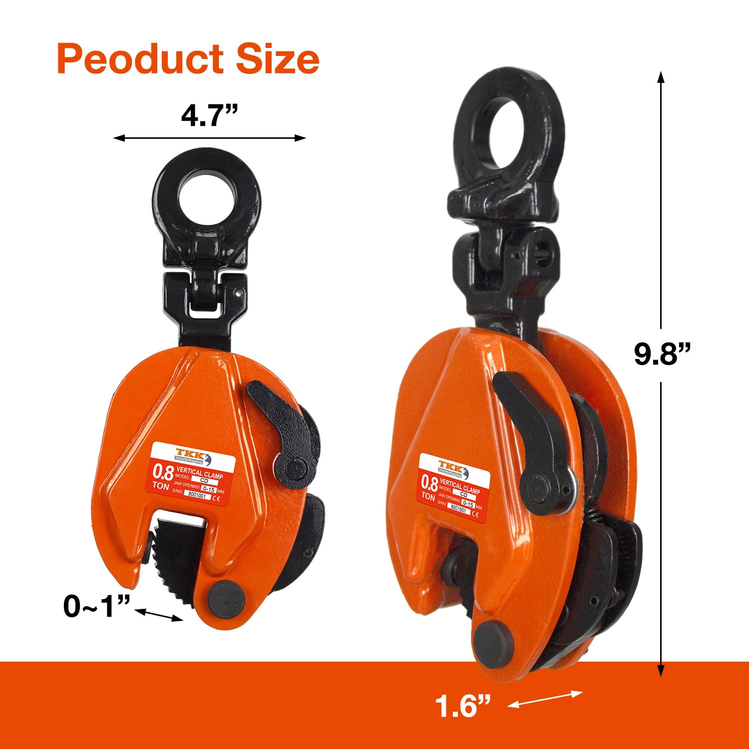 Heavy Duty TKK Vertical Plate Clamp 1760Lb (1Ton) - 0.8 Inch Jaw Opening for Secure Lifting & Transporting - Ideal for Construction, Steel Handling & Industrial Material Movement