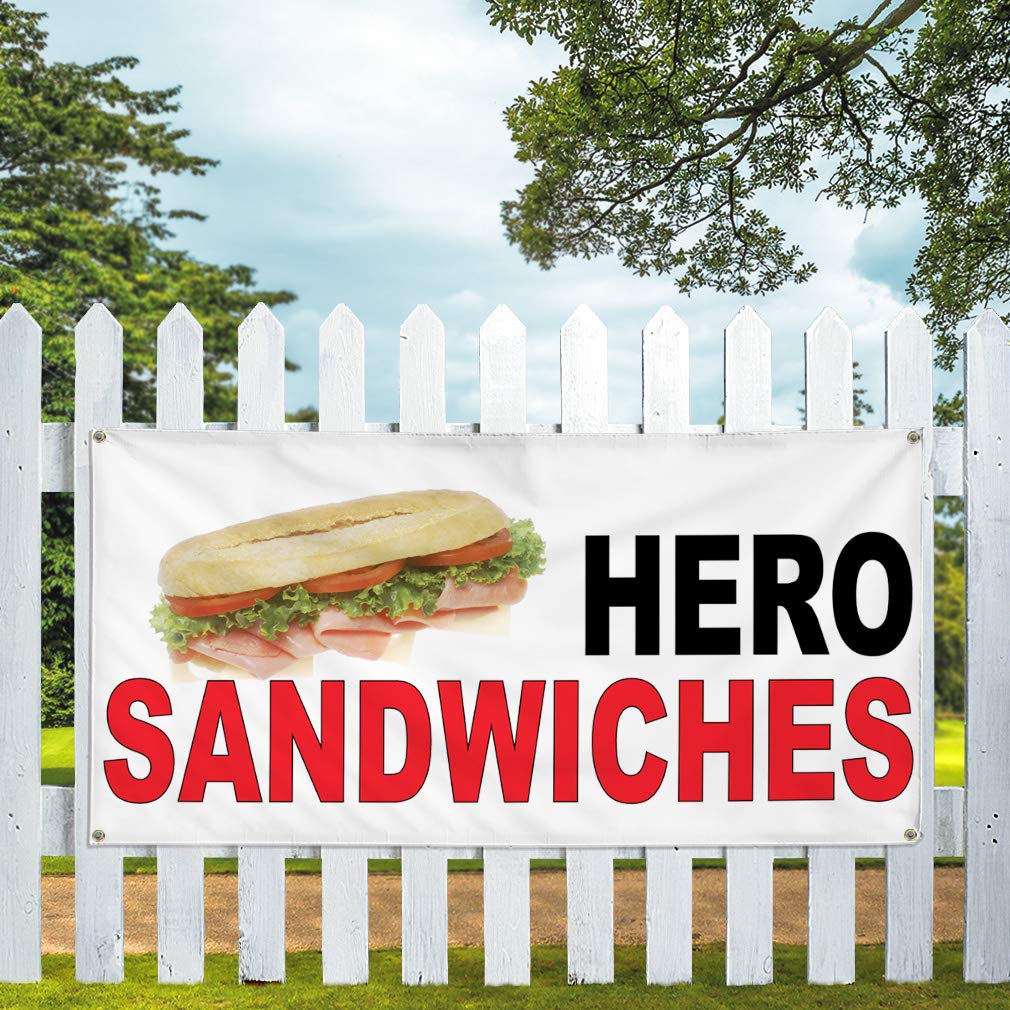 Vinyl Banner 48x96 Inches - Weatherproof Outdoor Sign with 8 Grommets for Hero Sandwiches, Food Bars, Restaurants & Food Trucks - Durable Black & Red Industrial Yard Sign for Business Advertising