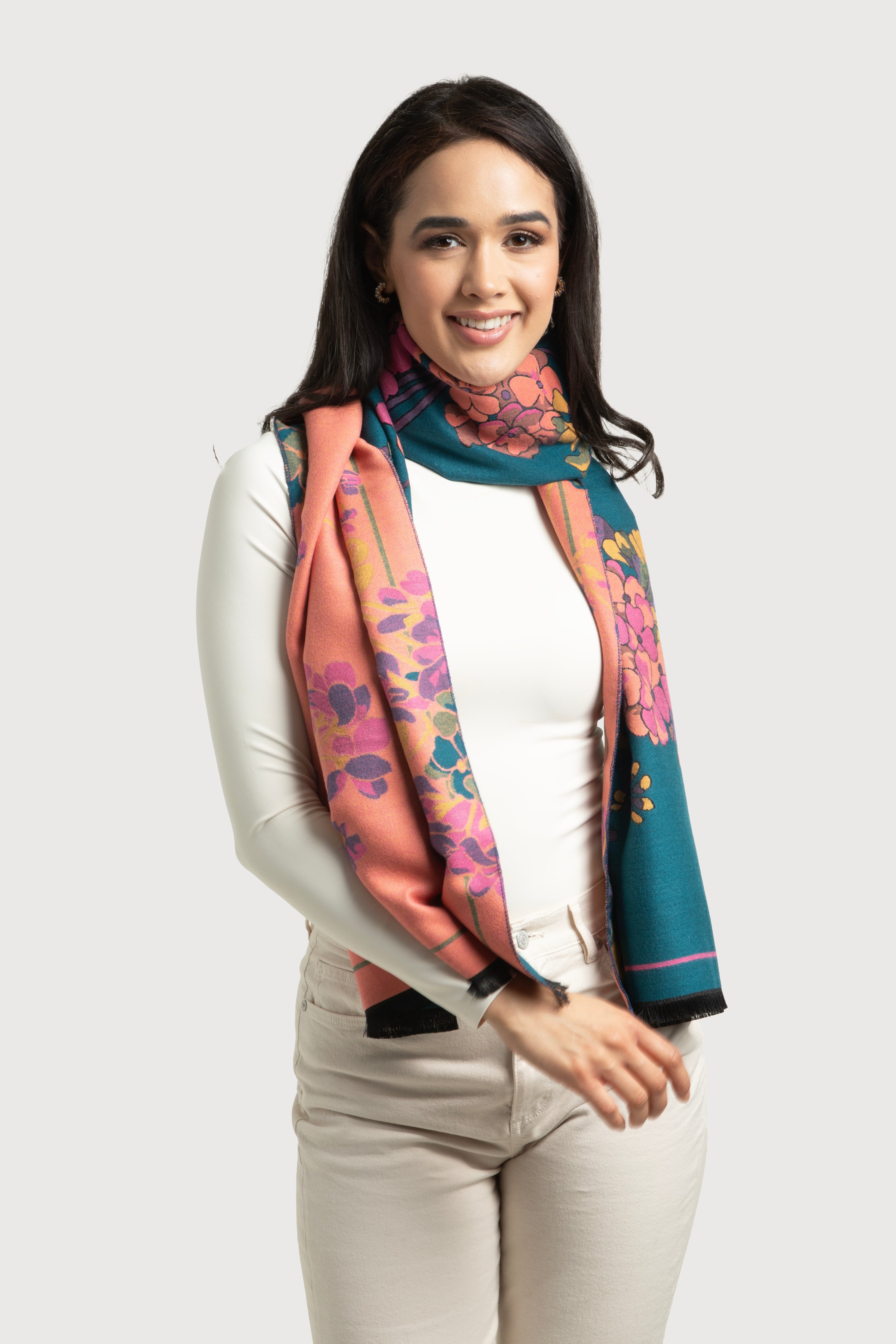 Two Tone Floral Reversible Scarf - Soft Lightweight Womens Fashion Accessory for Spring & Fall Outfits