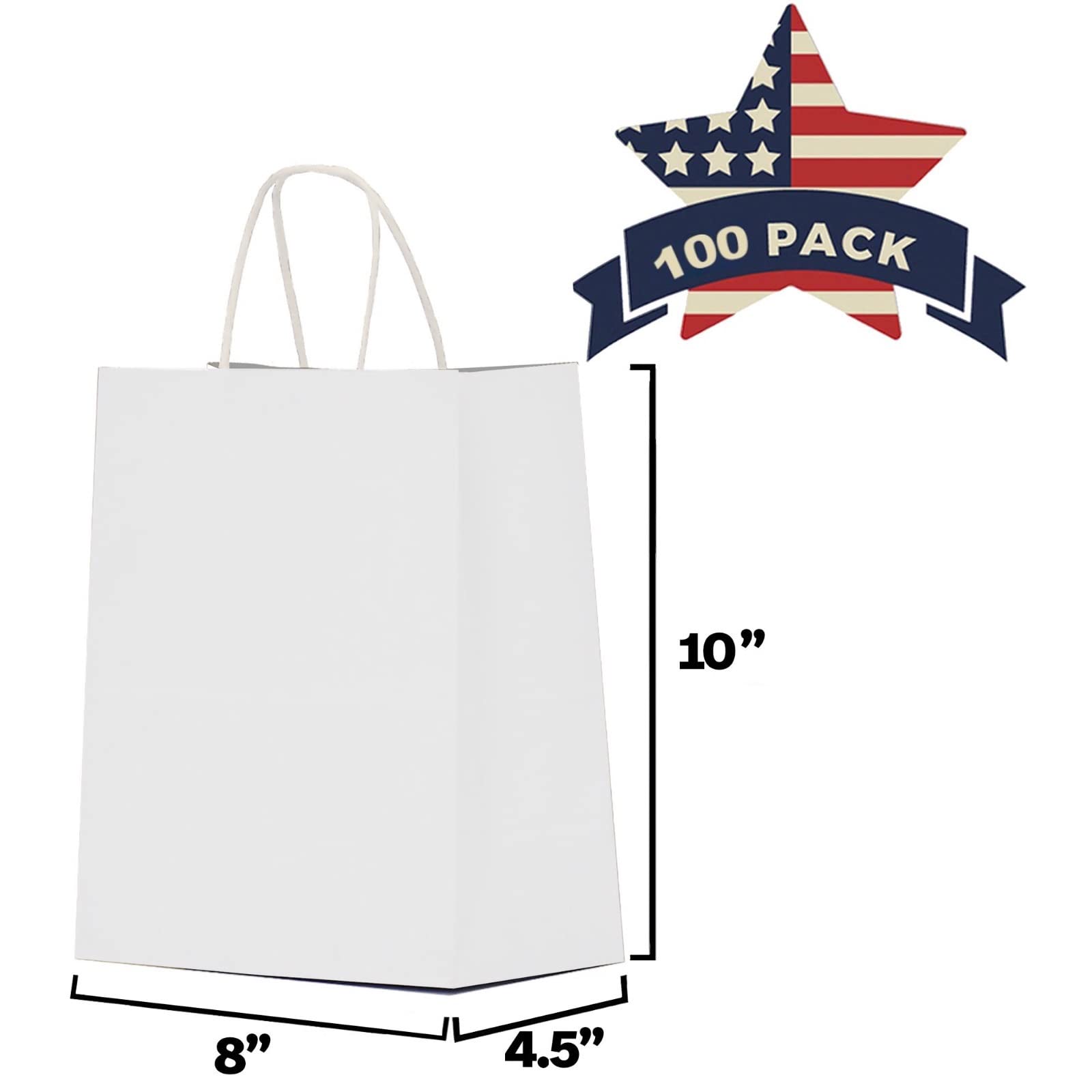 100Pcs White Kraft Paper Gift Bags with Handles 8x4.5x10 Inches - Bulk Medium Party Favor Bags for Valentine's Day, Weddings, Baby Showers & Retail Packaging | Eco-Friendly Gift Sacks for Candy, Cookies & Small Presents
