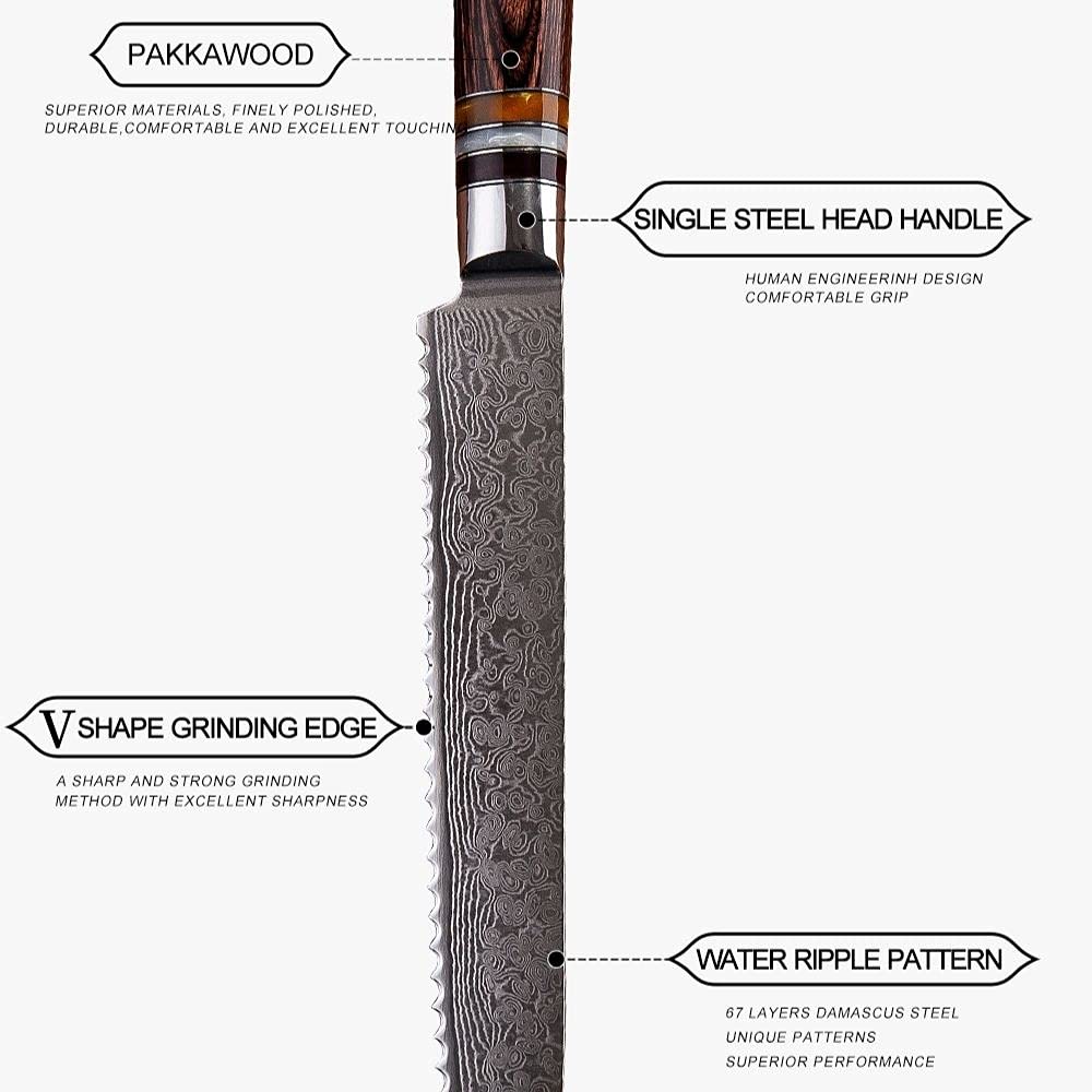 8 Inch 67 Layer Damascus Steel Japanese Bread Knife - Super Sharp Serrated Kitchen Knife with Ergonomic Handle & Gift Box - Perfect for Slicing Bread, Cake, Pastry, Fruits and Cooking - Ideal for Home Chefs, Bakers and Professional Kitchens