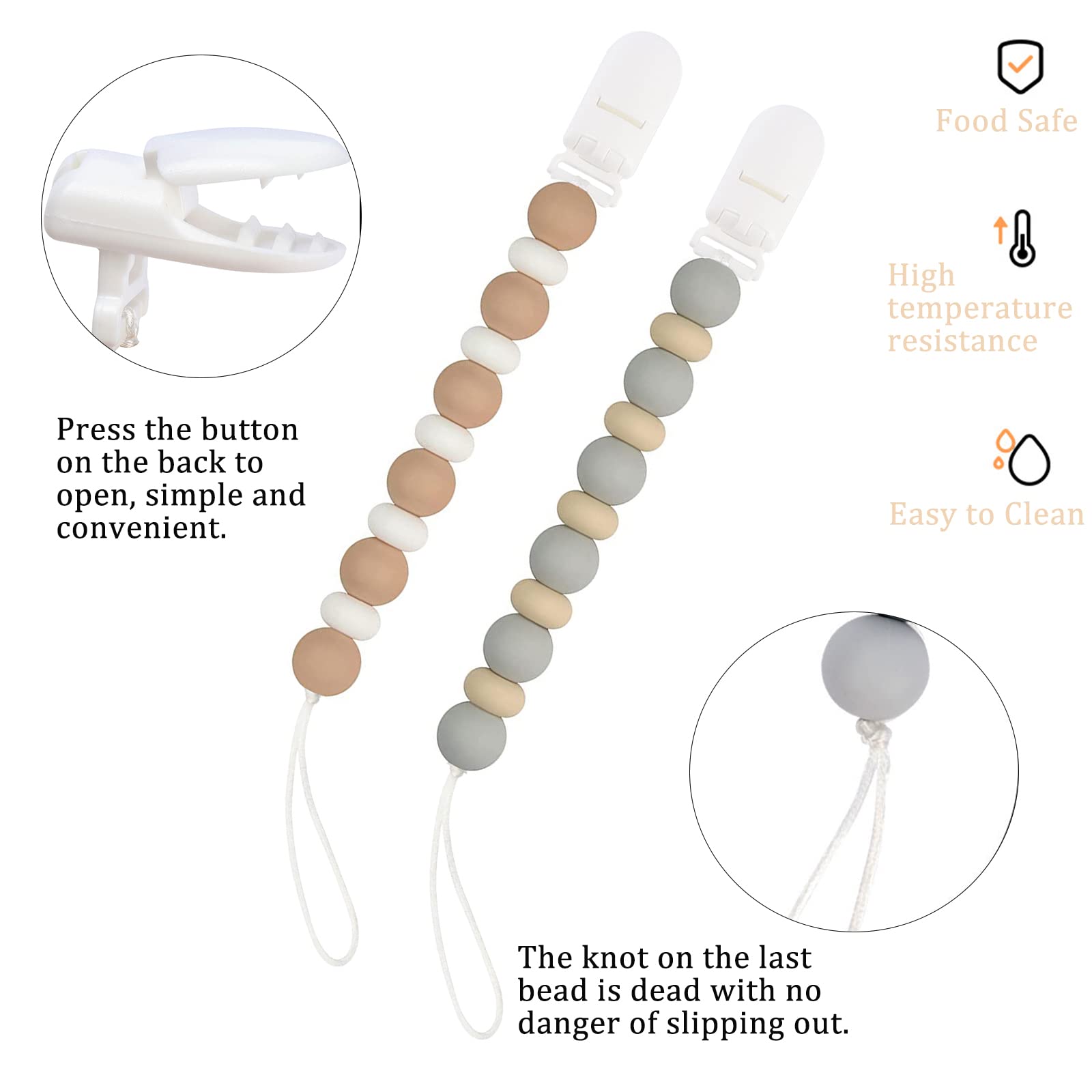 2PCS BPA-Free Silicone Pacifier Clips for Newborns - Baby Boy & Girl Soother Holder with Secure Fastening (Grey) | Ideal for Strollers, Car Seats & On-the-Go Parenting