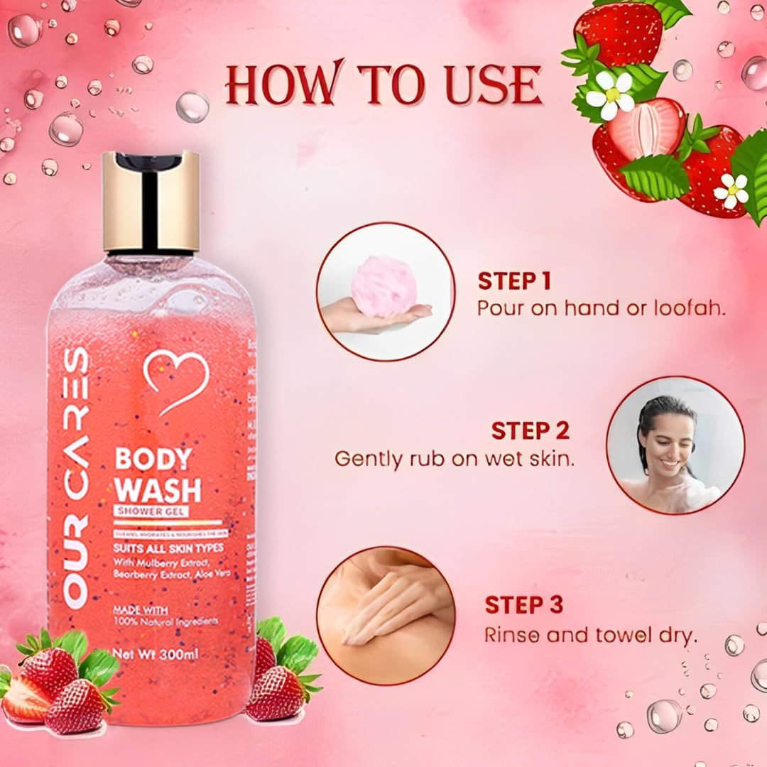 OURCARES Moisturizing Body Wash & Shower Gel - Sulfate Free, Paraben Free | Foaming Cleanser for Softer & Smoother Skin | Face, Body & Hair Wash (300ml) | Ideal for Daily Shower, Spa & Travel Use - For Men & Women