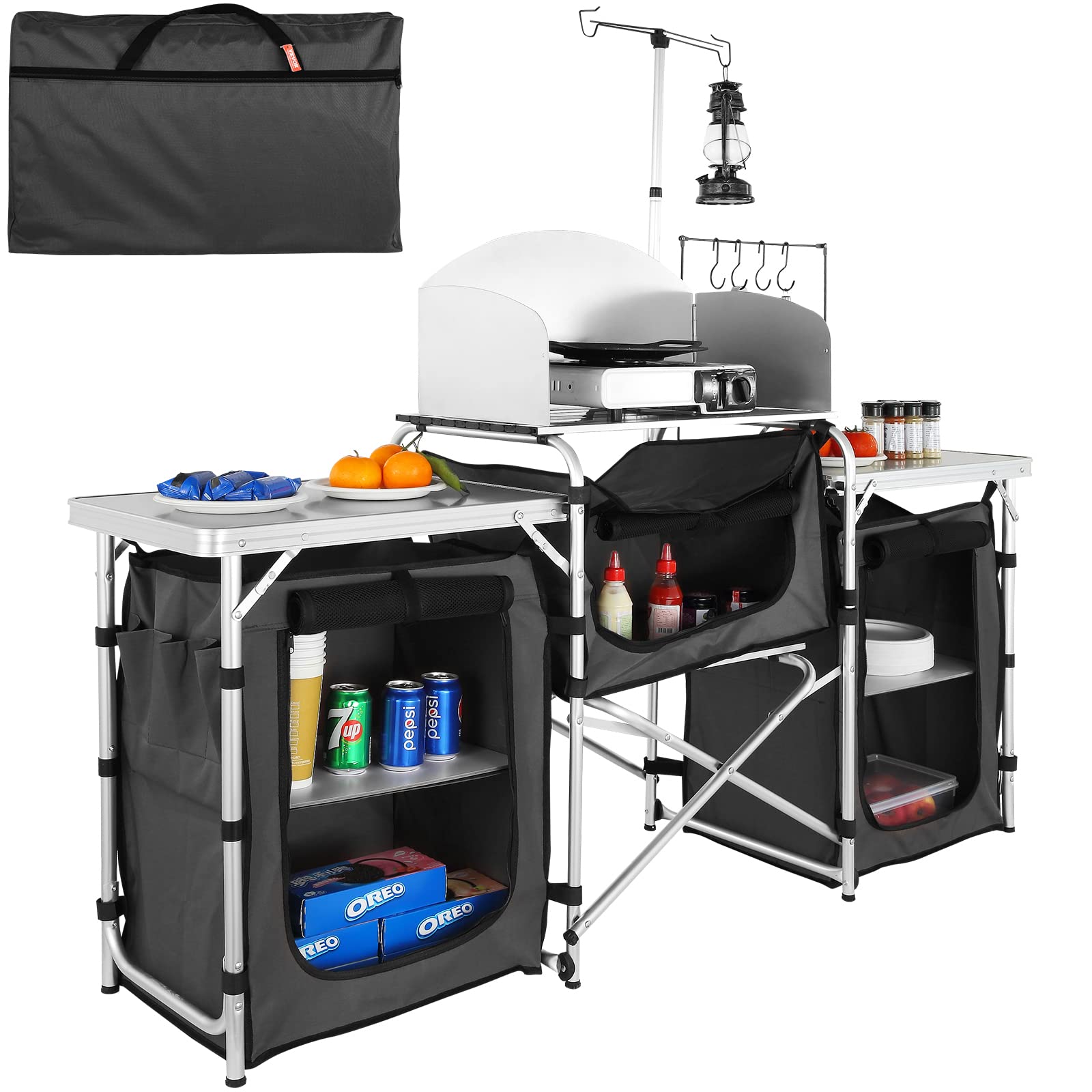 VEVOR Folding Camping Kitchen Table with Storage Bag - Portable Aluminum Outdoor Cooking Station with 3 Cupboards & Detachable Windscreen - Perfect for Picnics, BBQ, RV Travel, Camping & Backyard Parties