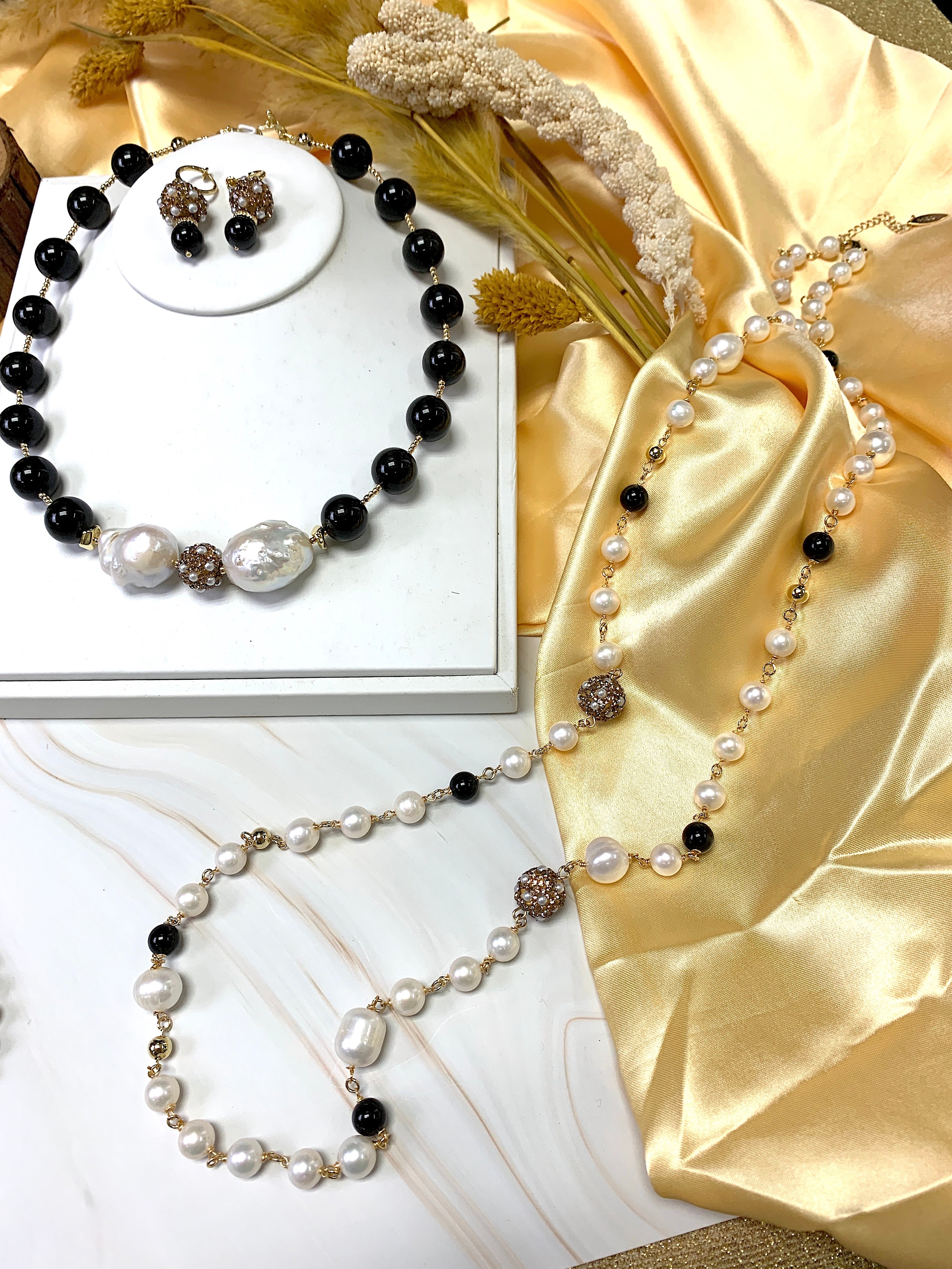 Elegant Freshwater Pearl & Black Obsidian Necklace FN030 - Perfect for Weddings, Parties & Everyday Wear
