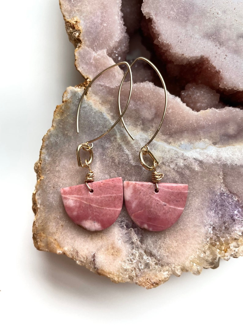 Pink Rhodonite Gold Filled Statement Crystal Gemstone Earrings for Women - Elegant Dangle Earrings for Party, Wedding & Special Occasions