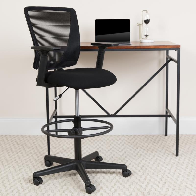 FLASH Harper Ergonomic Mid Back Mesh Office Chair with Adjustable Foot Ring & Arms - Black Fabric Seat for Home Office, Drafting Desk, Computer Workstation & Gaming Setup
