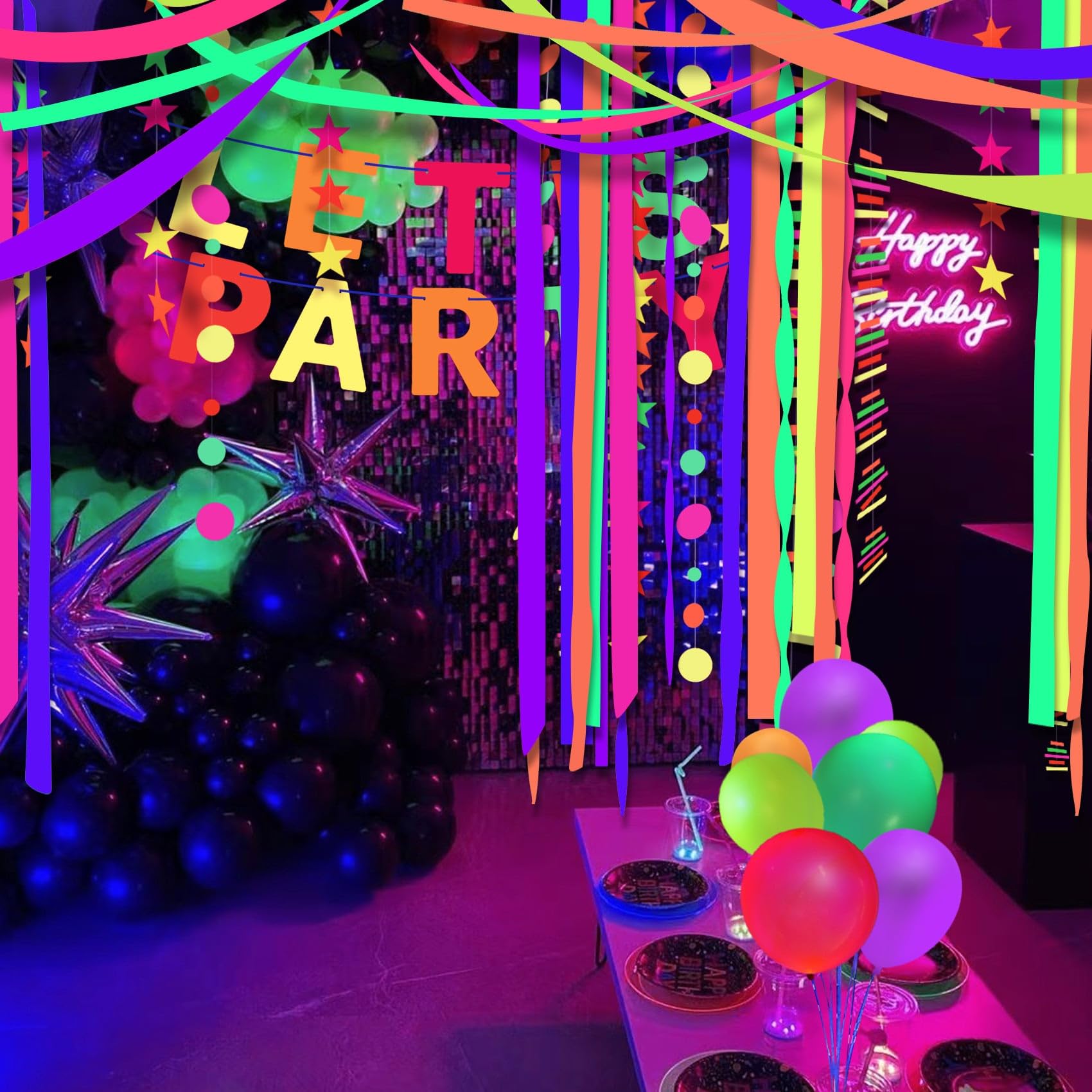 1200ft Neon Glow in The Dark Blacklight Reactive Fluorescent Crepe Paper Streamers - UV Party Decorations for Halloween, Rave, Birthday & Glow Parties - Perfect for Nightclubs, Dance Floors & Themed Events