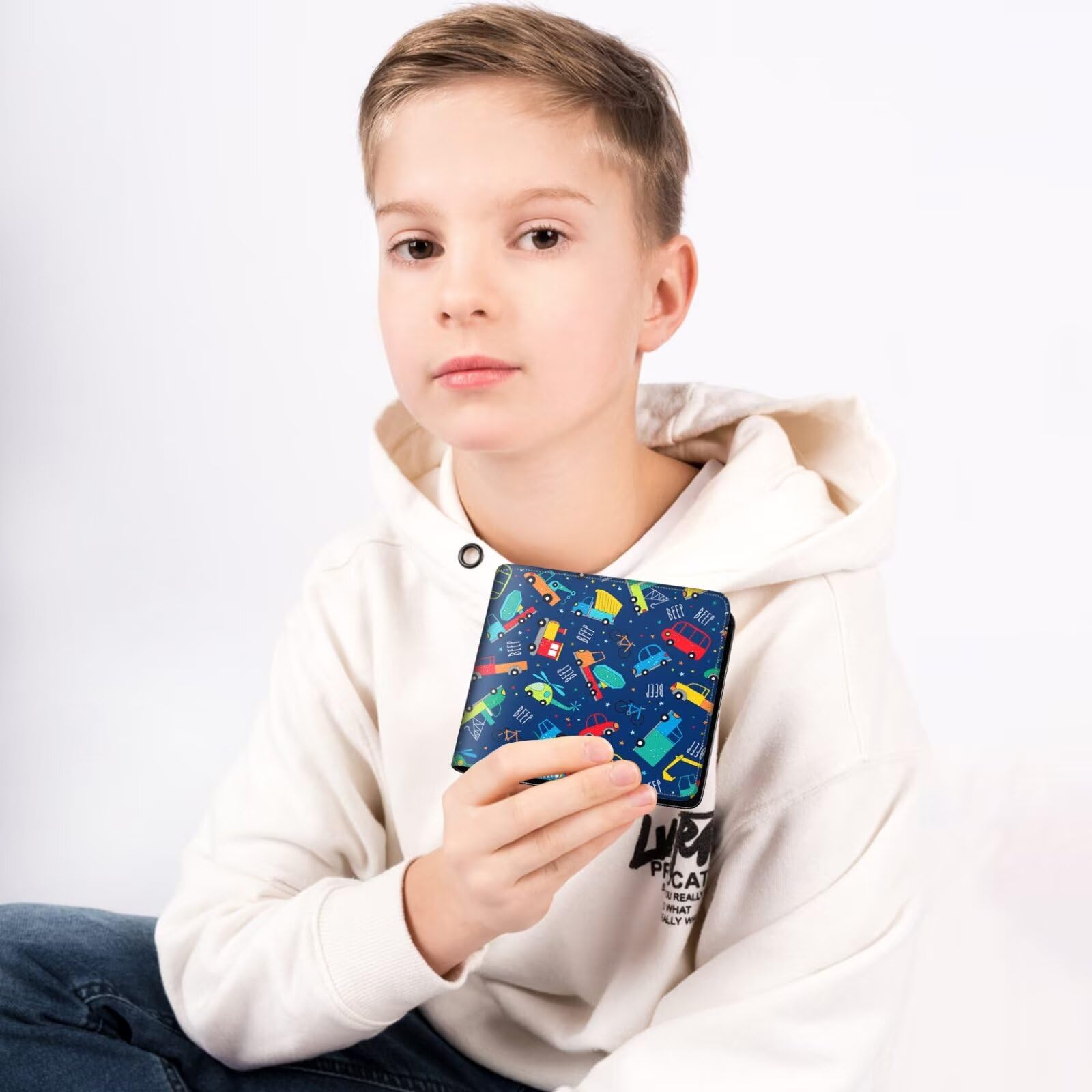 Boys Leather Bifold Wallet - RFID Blocking Credit Card Holder & Cash ID Organizer for Teens | Compact Bi-Fold Design with Construction Vehicle Print | Perfect for School, Travel & Everyday Use