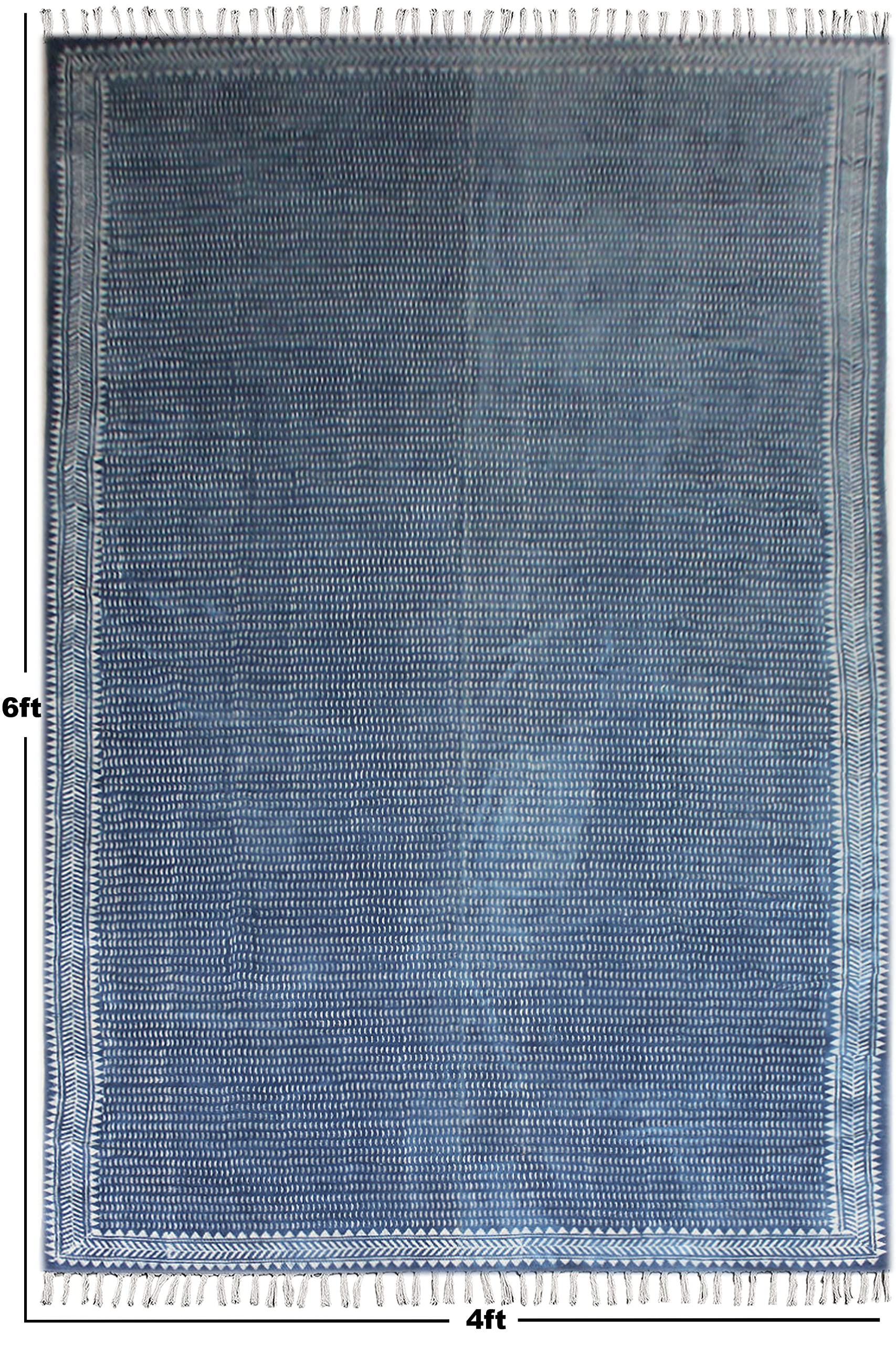 Blue Boho Rug - Easy Washable Cotton Bohemian Tribal Farmhouse Rug with Tassels, 120x120cm (4x4 Feet Square) - Perfect for Kitchen, Bathroom, Bedroom & Hallway Decor