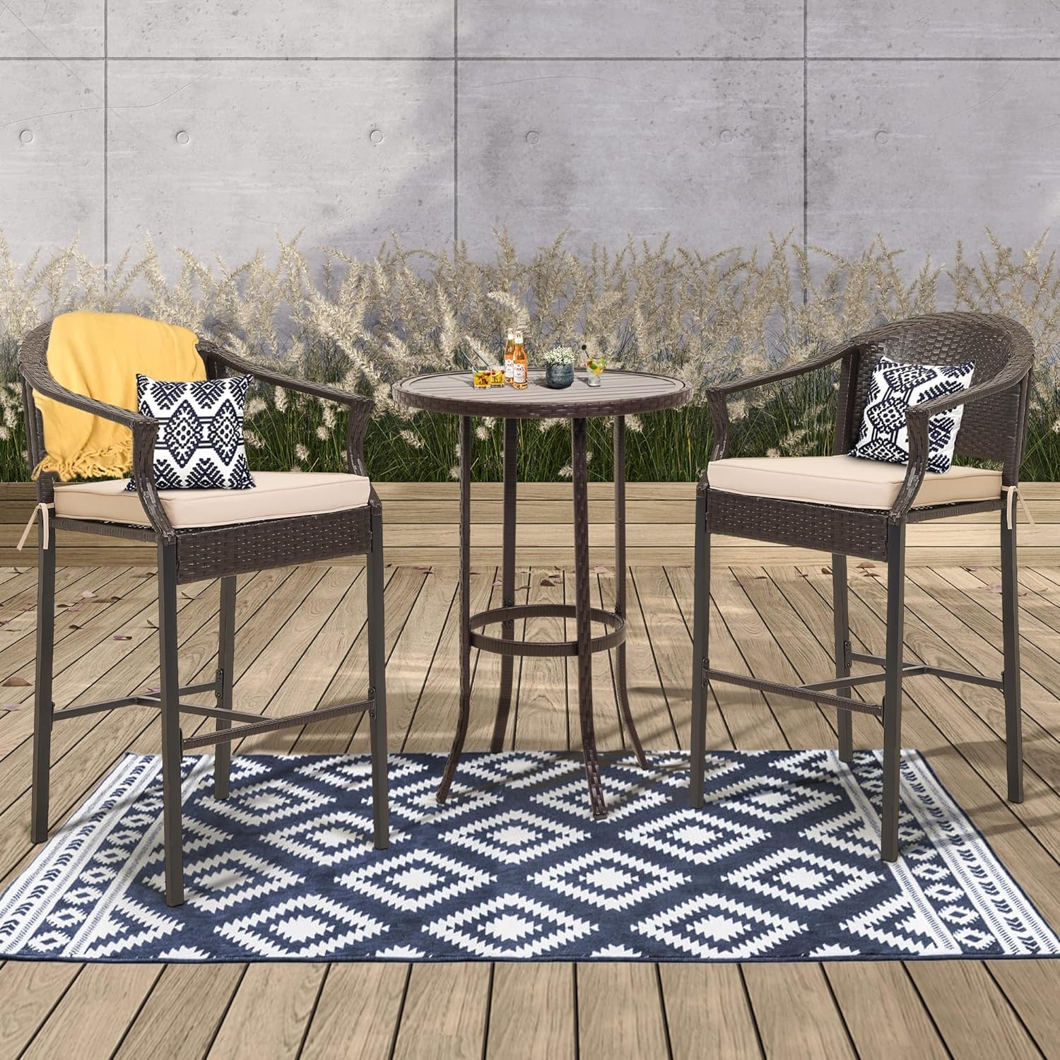 3-Piece Patio Bar Set - Rattan Bar Height Table & Chairs with Cushions, Wicker Outdoor Furniture for Backyard, Poolside, Balcony - Perfect for Entertaining, Relaxing & Outdoor Dining - Beige Cushion Included