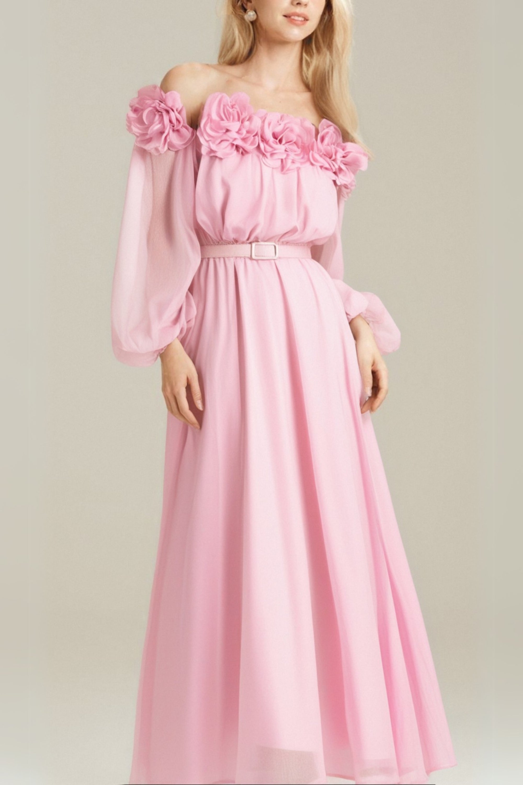 Ascella Floral Shoulder Maxi Dress in Pink - Elegant Summer Beach Wedding Party Dress for Women