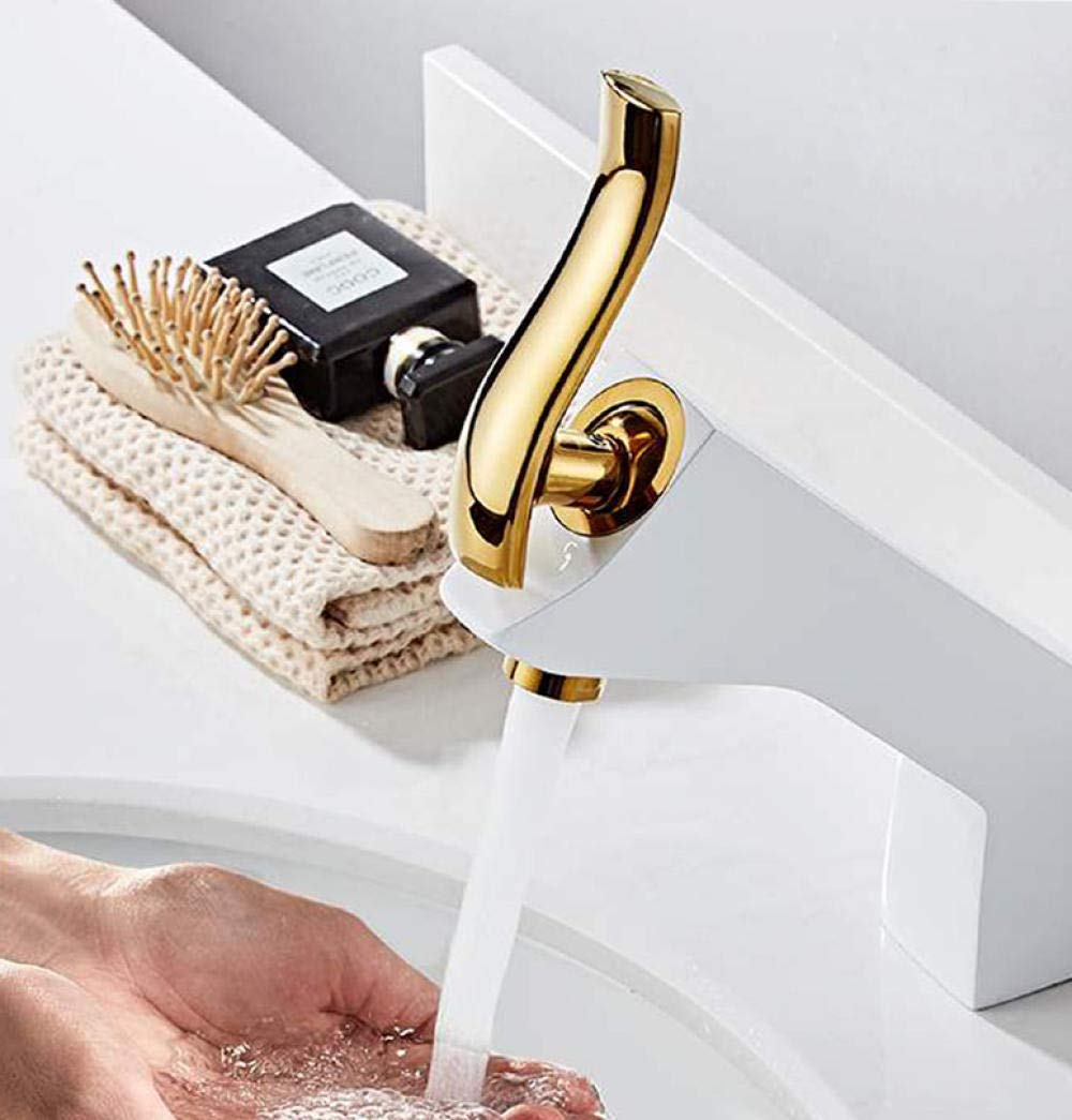 Modern White & Gold Bathroom Sink Faucet - Hot & Cold Water Mixer Tap with Gold Handle for Basin - Perfect for Contemporary Bathrooms & Vanities