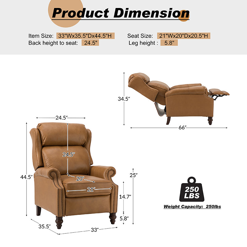 Lucina Genuine Leather Manual Recliner Chair - Handcrafted Premium Leather Living Room Furniture for Relaxation & Comfort - Perfect for Home Theater, Reading Nook, and Office Lounge