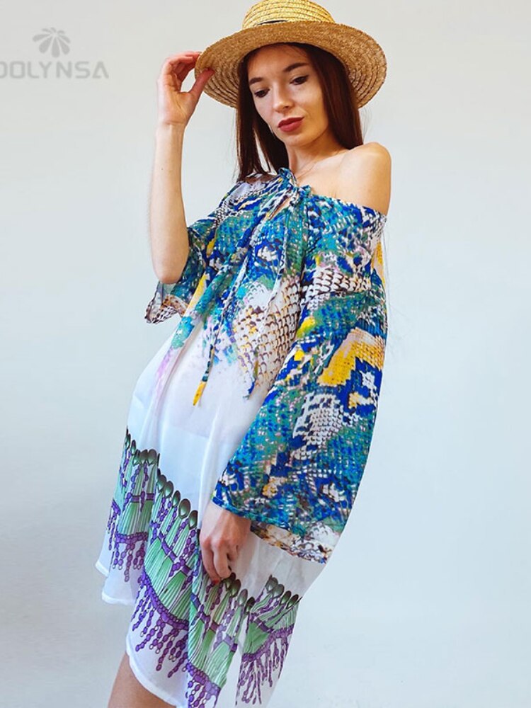 Women's Beach Caftan Cover Up - Flowy Chiffon Swimsuit Cover Up with Tropical Print - Lightweight Pareo & Beach Robe for Pool, Vacation & Summer Outings