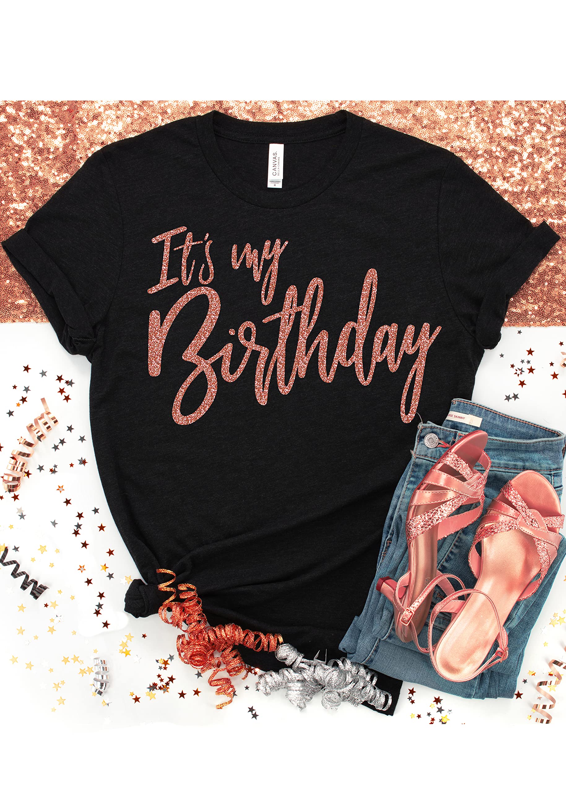 Women's Birthday Squad T-Shirt - Glam Rose Gold Party Tee - Black Small - Fun Group Outfits for Girls' Night Out & Bachelorette Parties